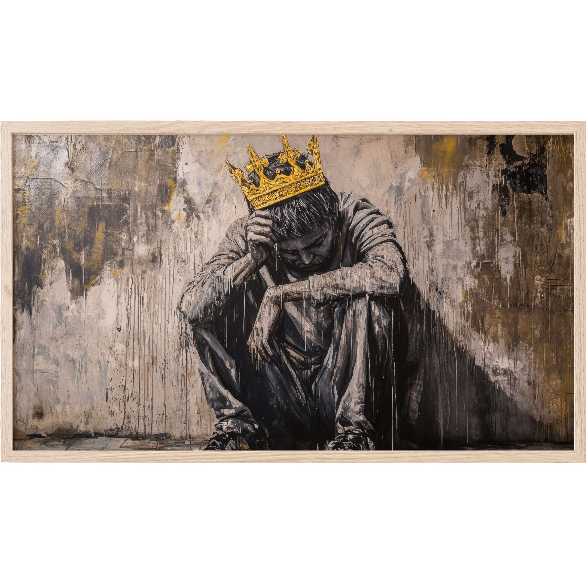 Melancholic figure in muted tones with a striking gold crown, embodying sophisticated street art Frame TV Art