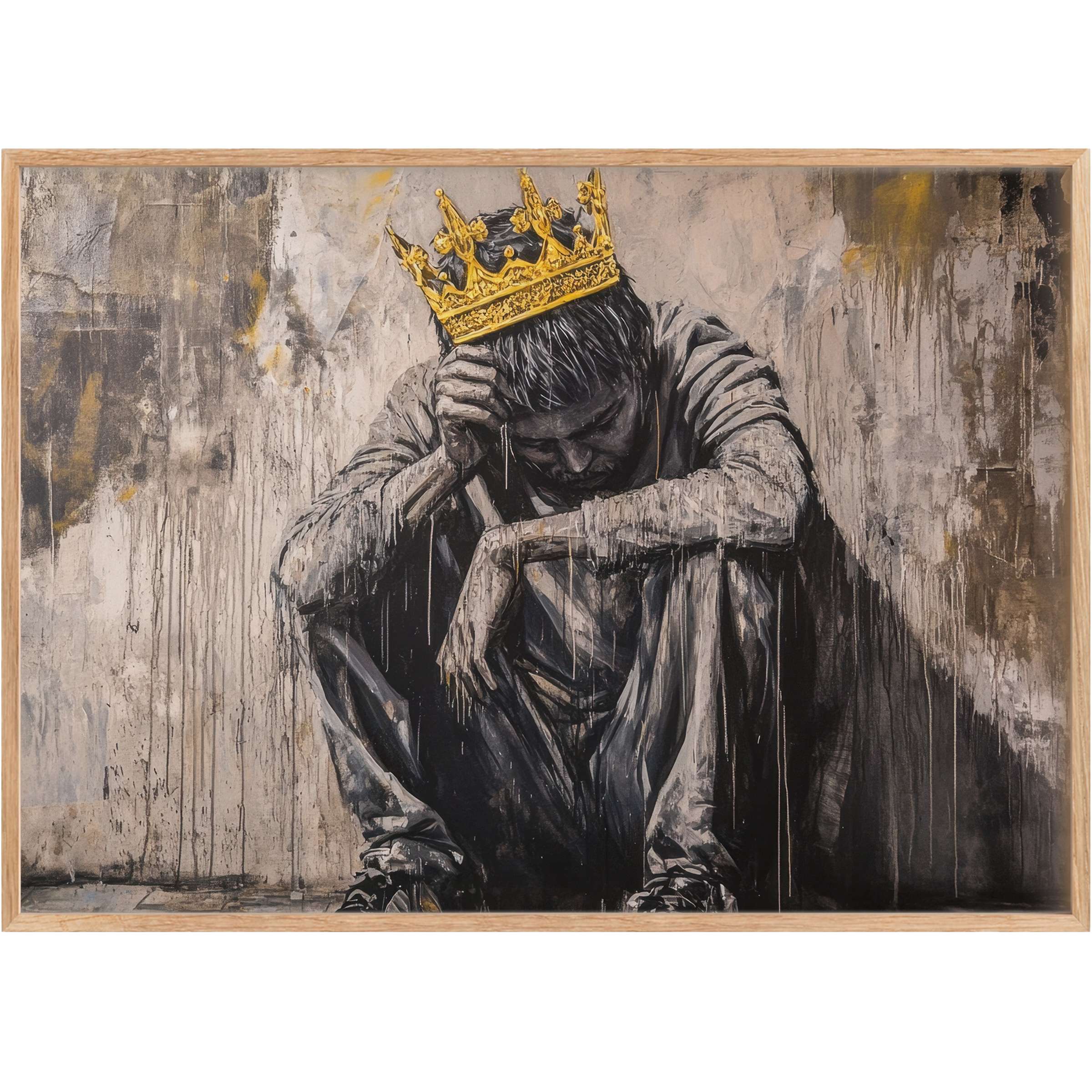 Bold street art printable wall art featuring a pensive figure crowned in gold, evoking a radiant yet introspective mood