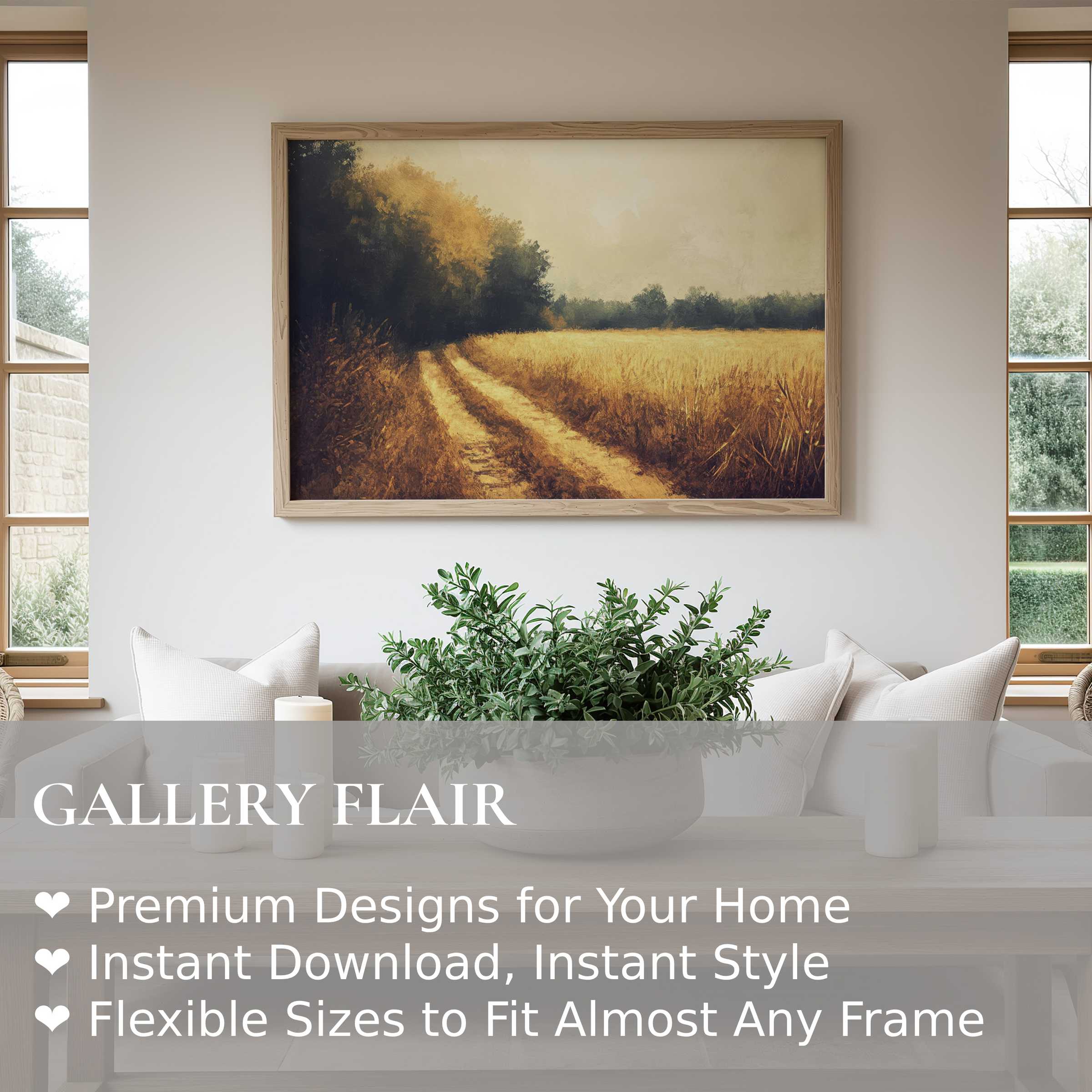 Fall wall art print capturing a serene golden field and forest edge, enhancing modern minimalist interiors with warm, calming ambiance