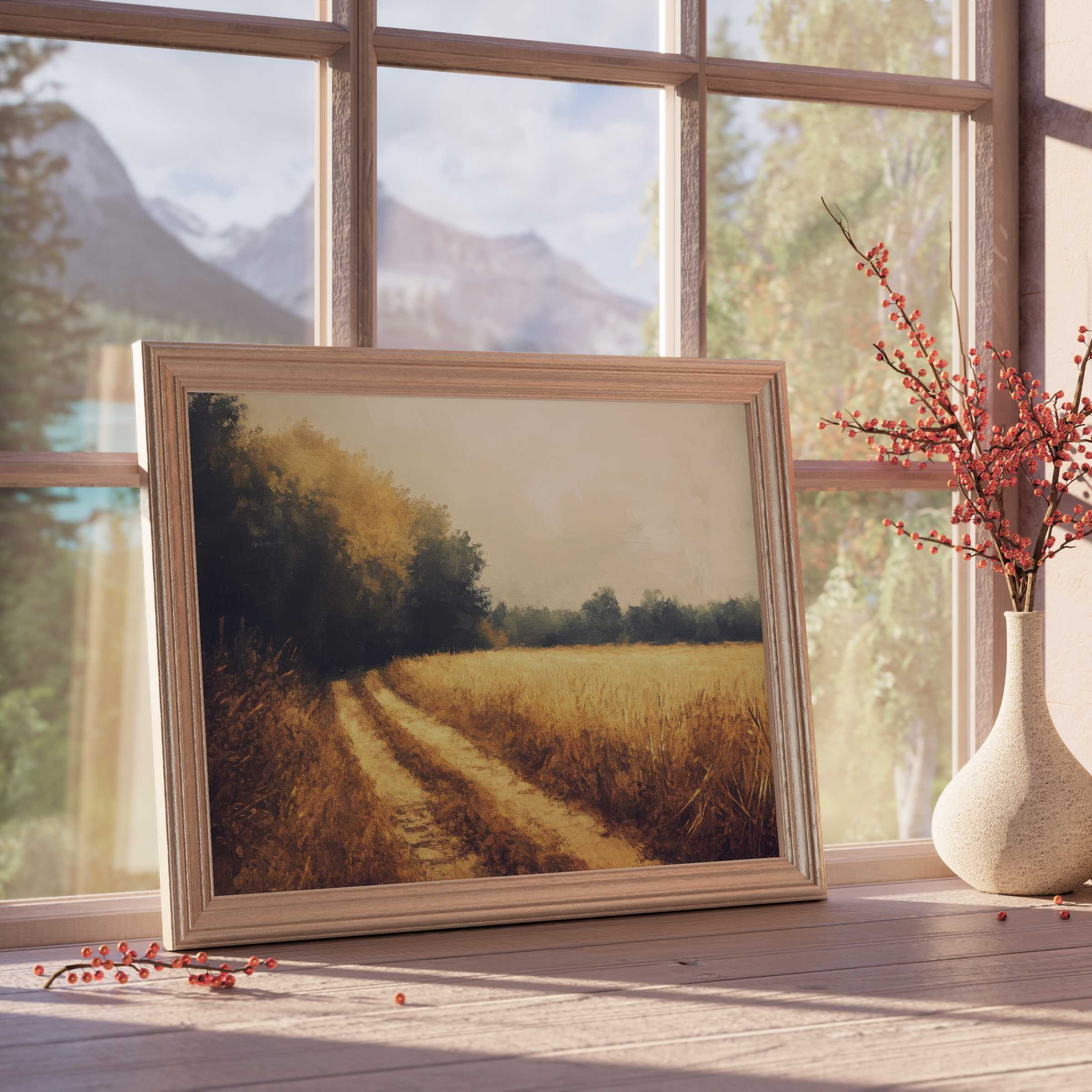 Fall downloadable art capturing a serene rural landscape with golden fields and soft, warm light, perfect for curated interiors
