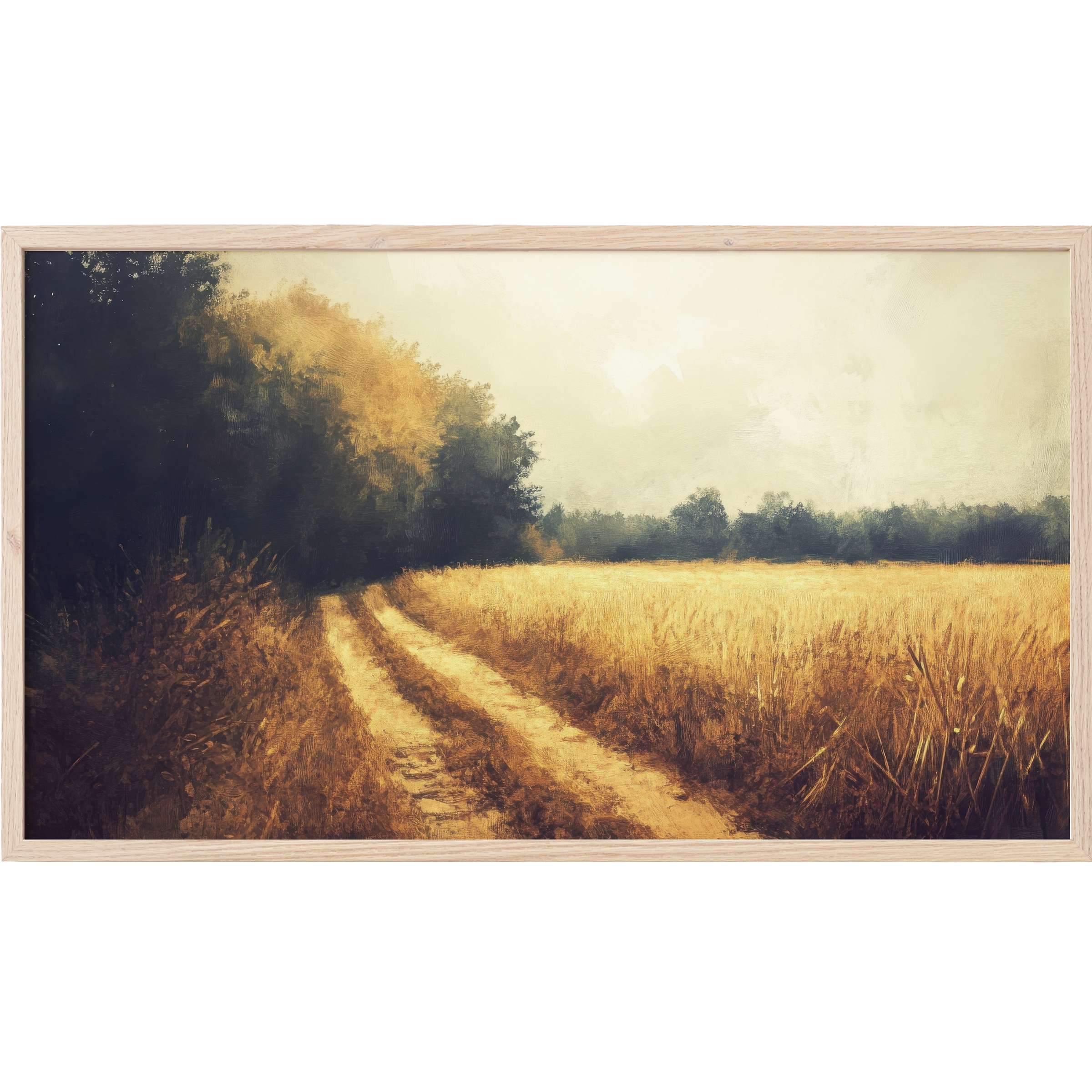 Fall Frame TV Art depicting a golden wheat field and a dirt path with dark forest edges in warm, textured tones