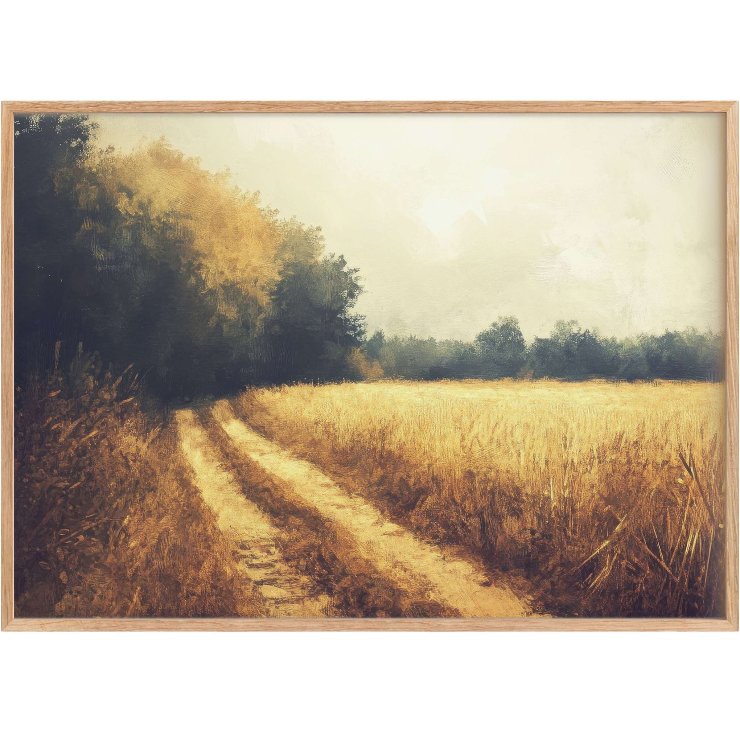 Golden fields bathed in warm amber light guide the eye along a serene path in this fall printable wall art, evoking a tranquil, sunlit autumnal mood