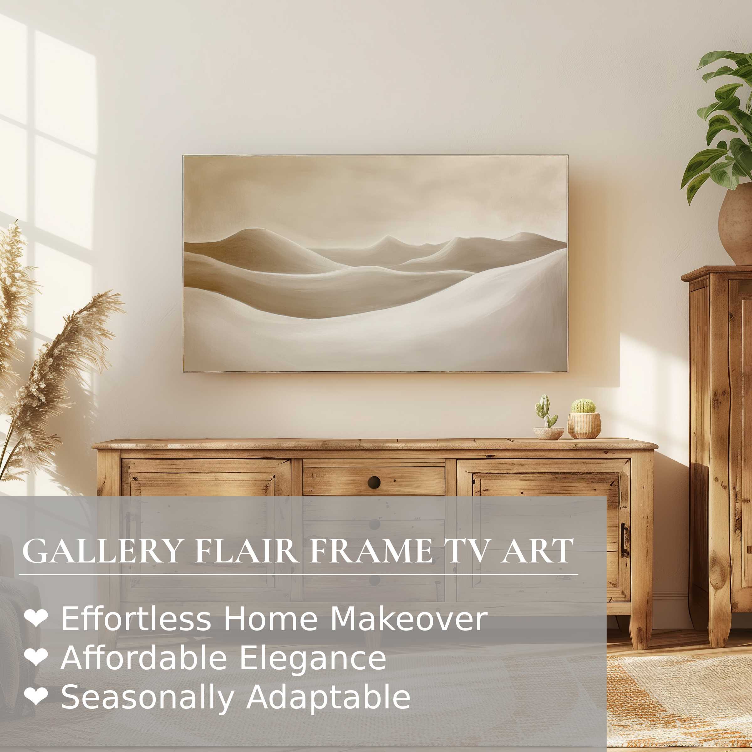 Samsung Frame TV displaying neutral digital artwork of soft, flowing dunes in a serene, modern living space