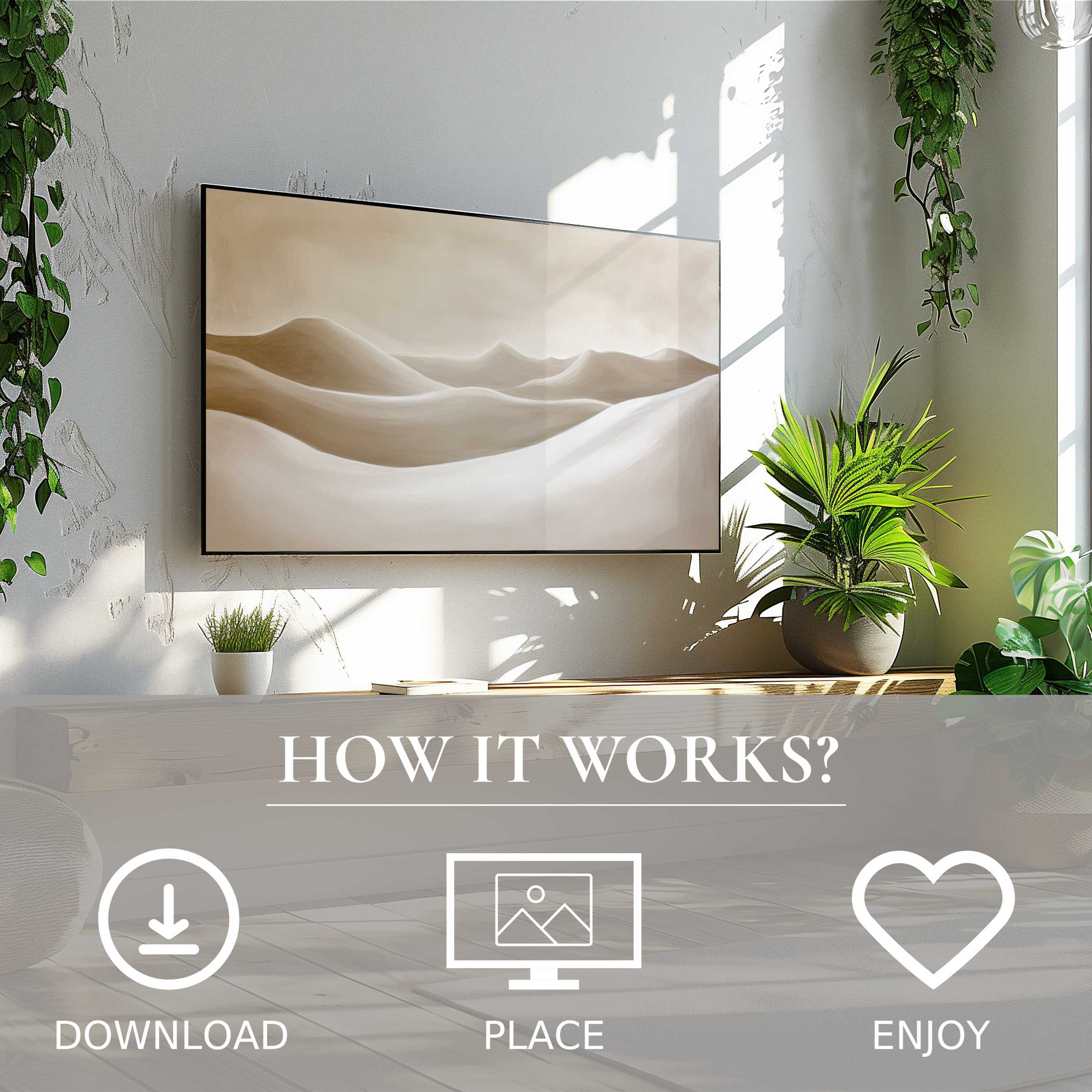 Neutral art for Samsung TV with soft desert tones; easy digital download enhances modern living spaces effortlessly