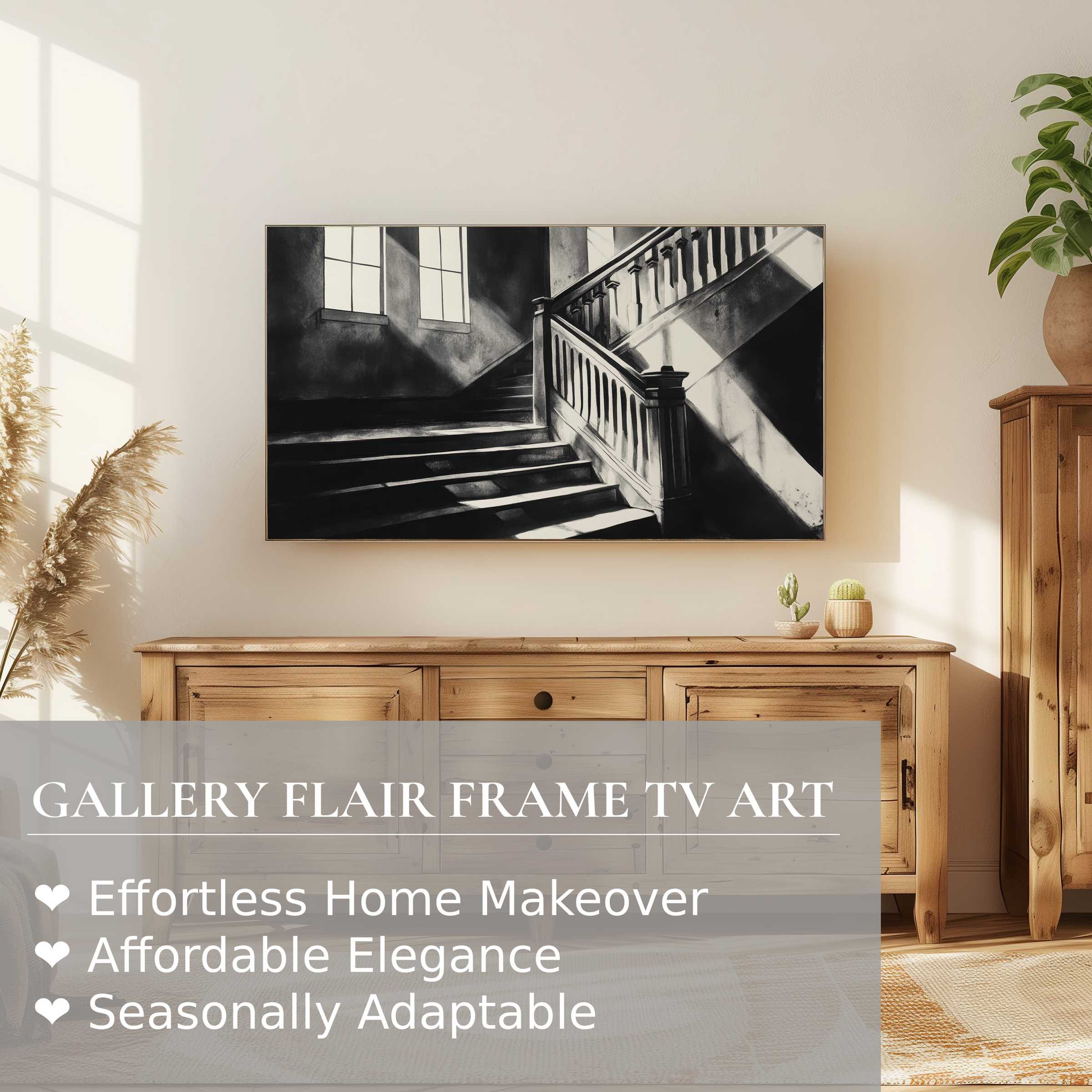 Samsung Frame TV showcasing black and white digital artwork of a shadowed staircase in a chic, minimalist setting