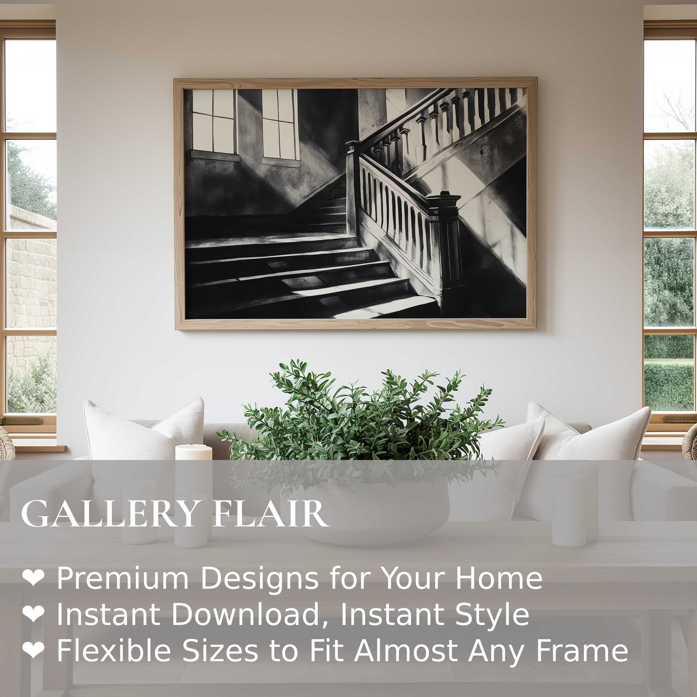 Black and white wall art print of sunlit staircase evokes bold contrast and timeless elegance, enriching modern minimalist interiors with serene depth