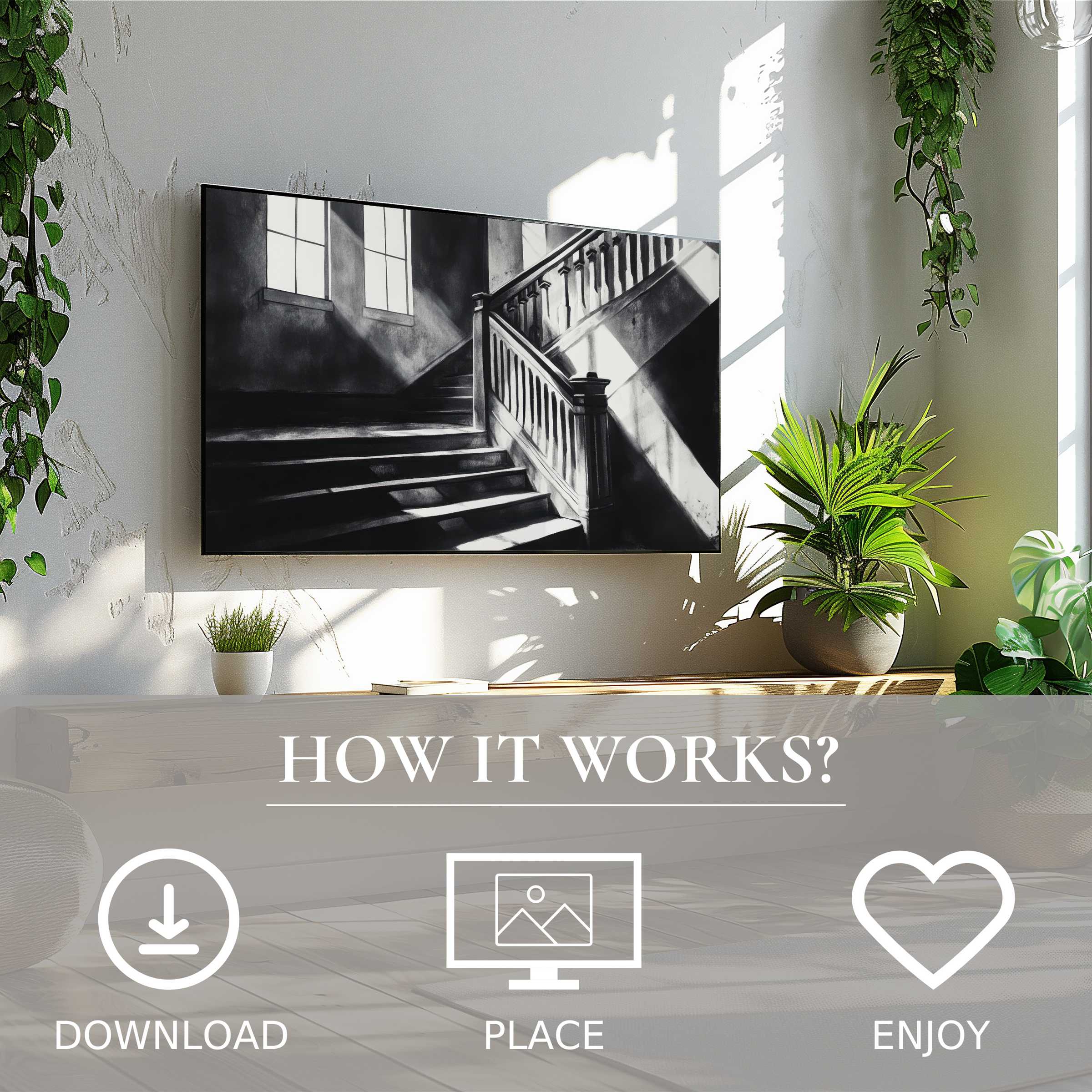 Black and white art for Samsung TV shows a dramatic stairway motif, easy digital download enriches modern living spaces