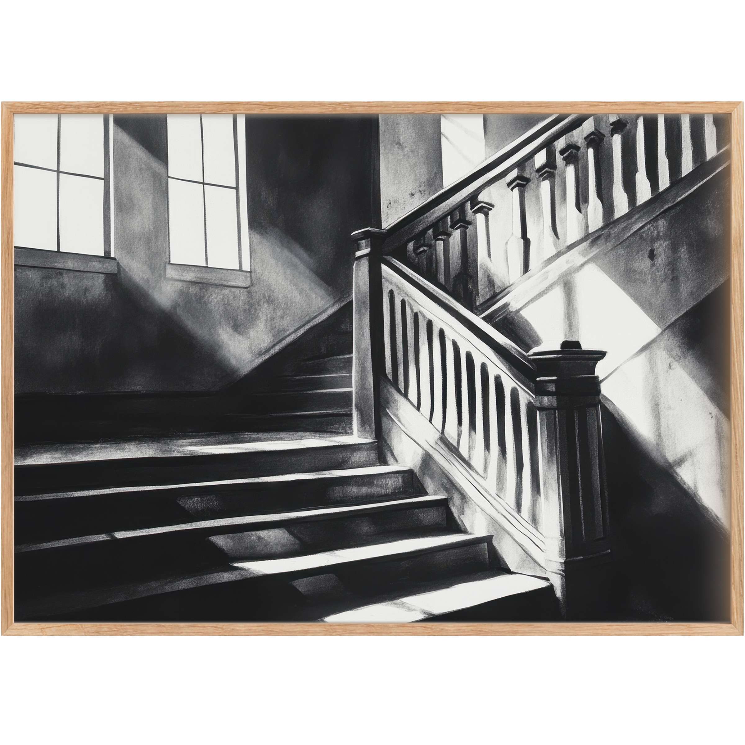 Elegant black and white printable wall art capturing serene light and shadow on a grand staircase, evoking timeless sophistication