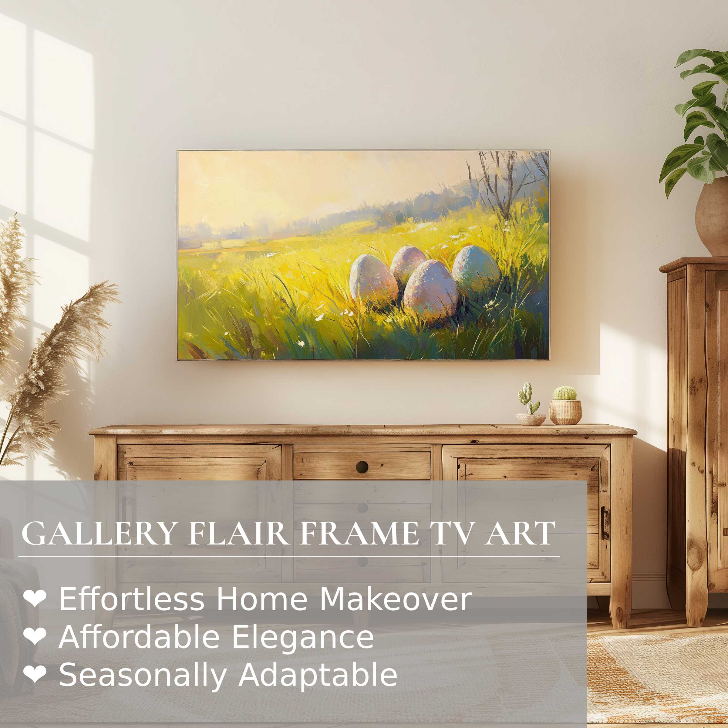 Samsung Frame TV displays elegant easter digital artwork of pastel eggs in sunlit meadow, perfect for refined home decor