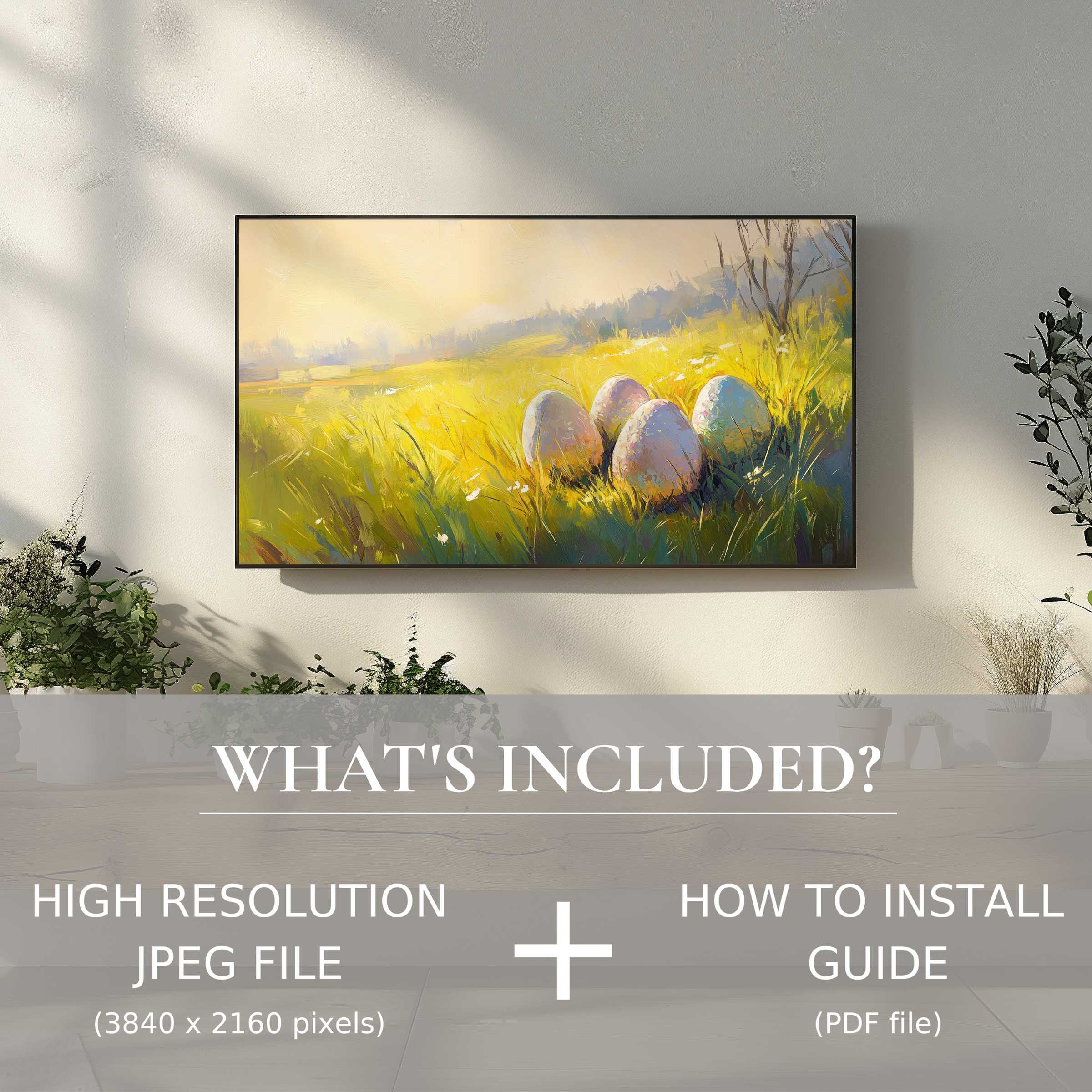 Elegant living space showcasing easter digital TV art download featuring vibrant eggs, enhancing decor with easy digital use