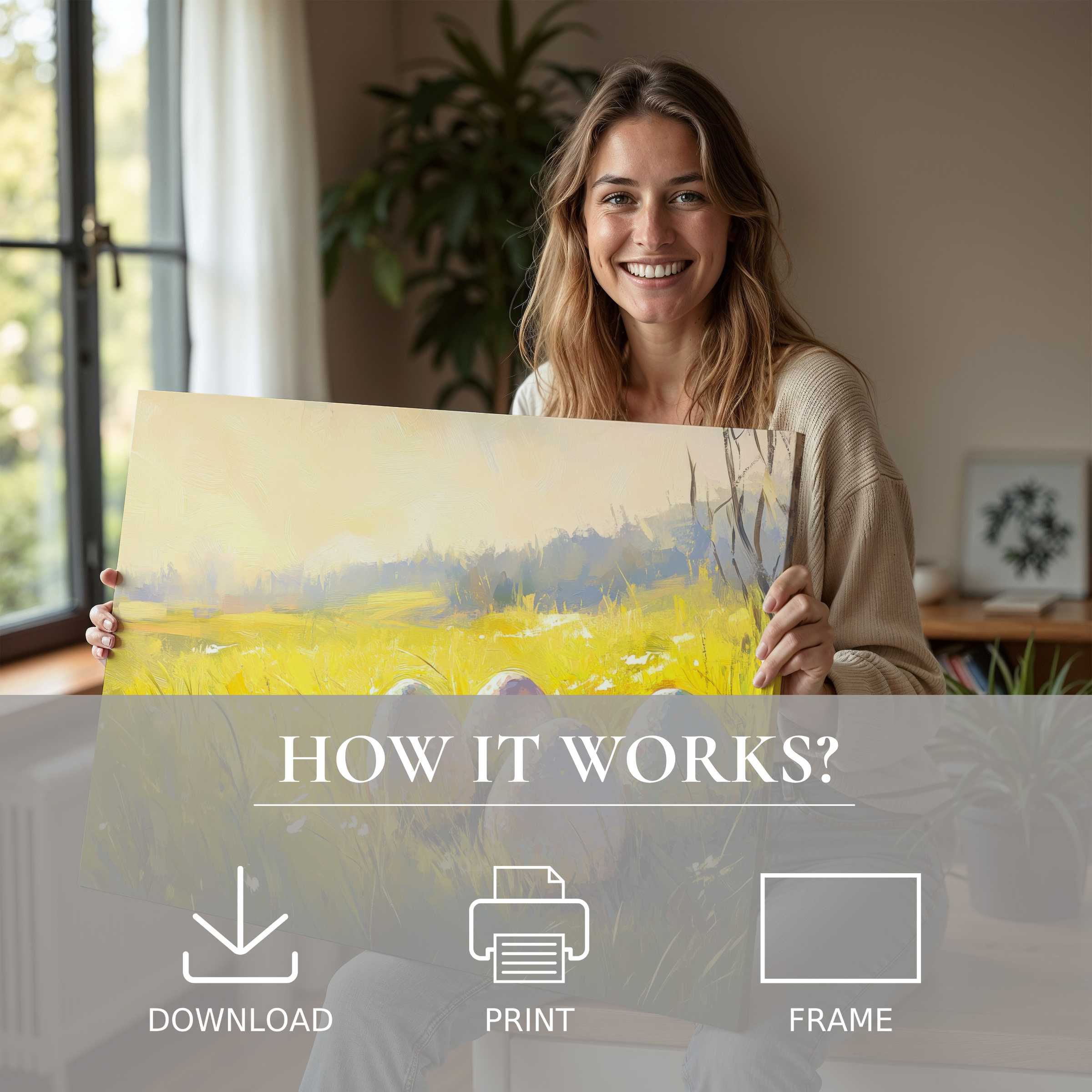 Joyful woman in serene modern home reflecting on the warmth and ease of embracing easter digital art print