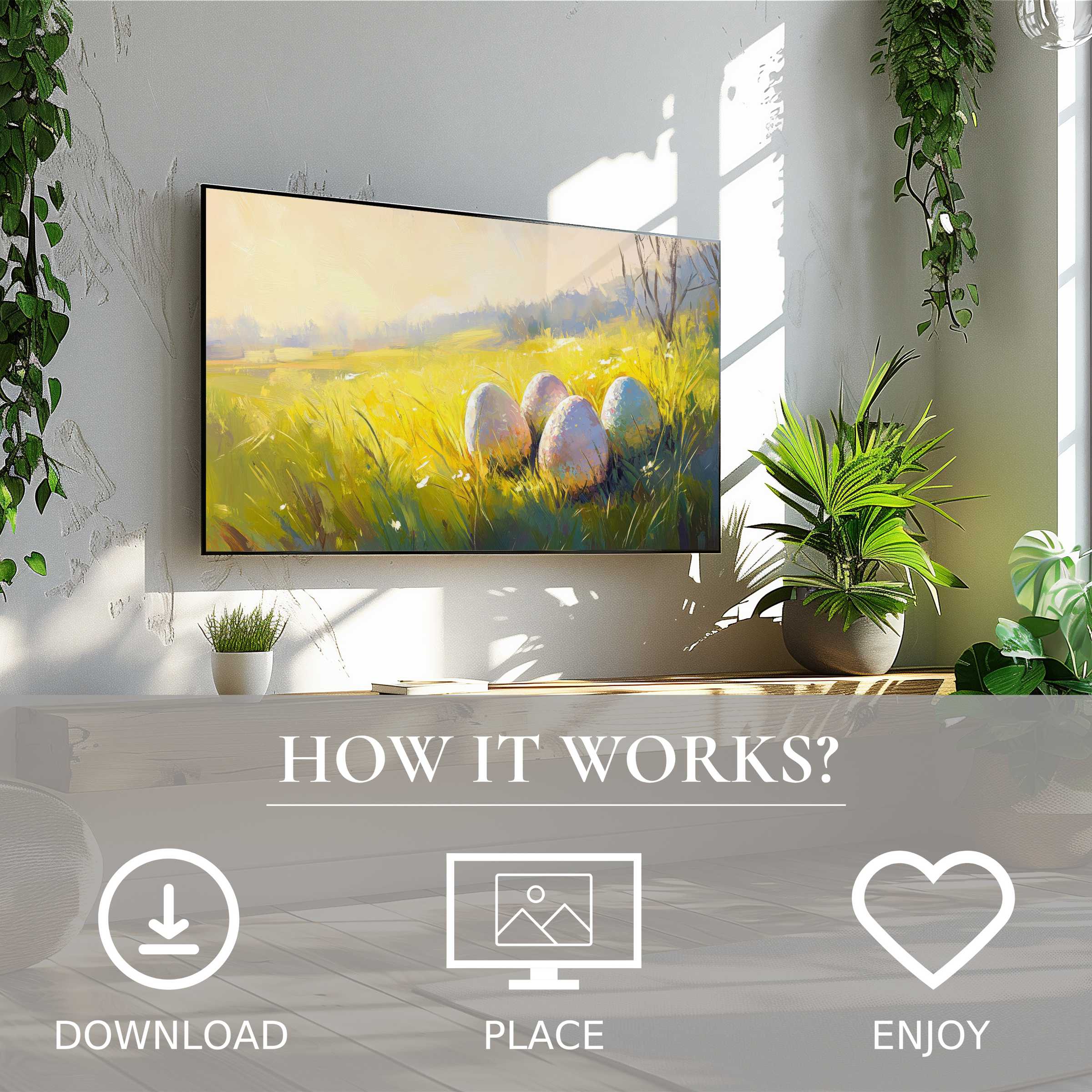 Easter art for Samsung TV shows soft pastel eggs in sunlight, easy digital download enriches living space