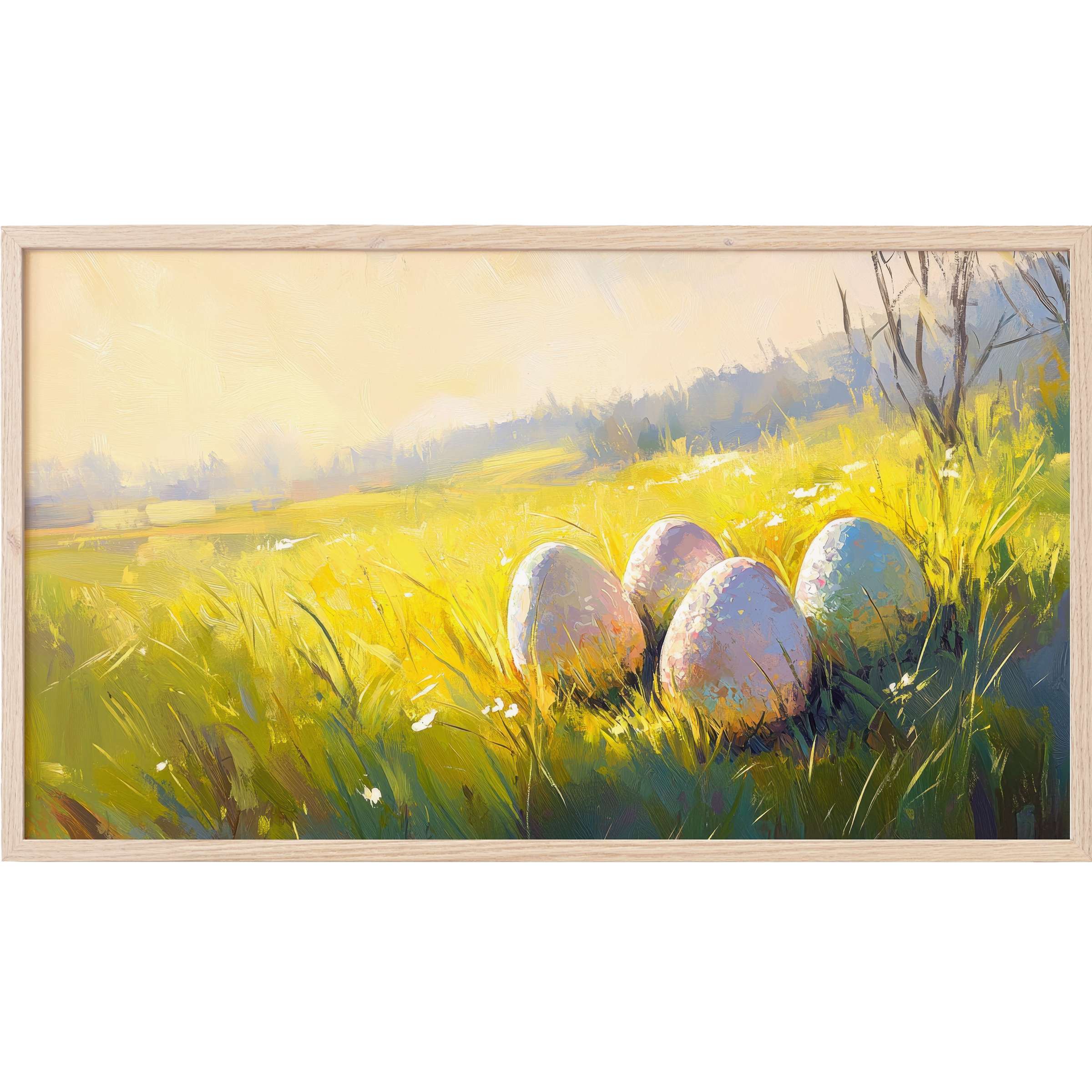 easter Frame TV Art with soft pastel eggs nestled in sunlit grass, blending impressionistic strokes and serene hues