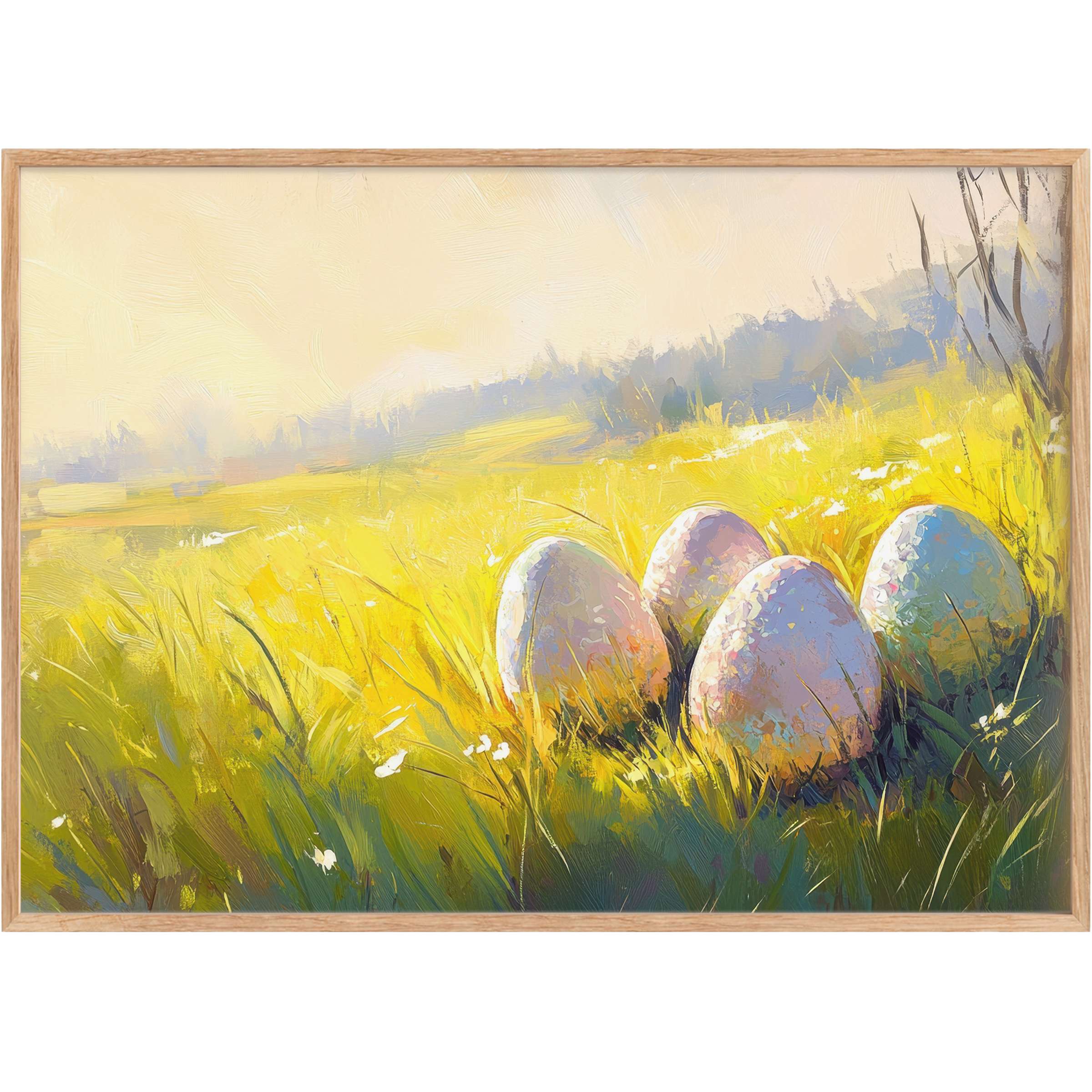 Radiant easter printable wall art with softly glowing pastel eggs nestled in golden, sunlit meadow grass, evoking warmth and renewal
