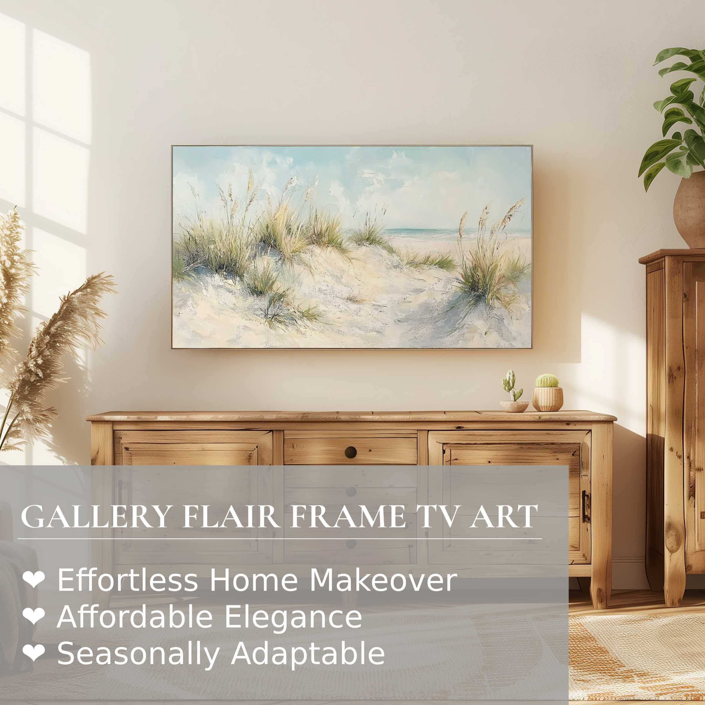 Samsung Frame TV displaying serene summer digital artwork of sandy dunes in a modern, elegant living room