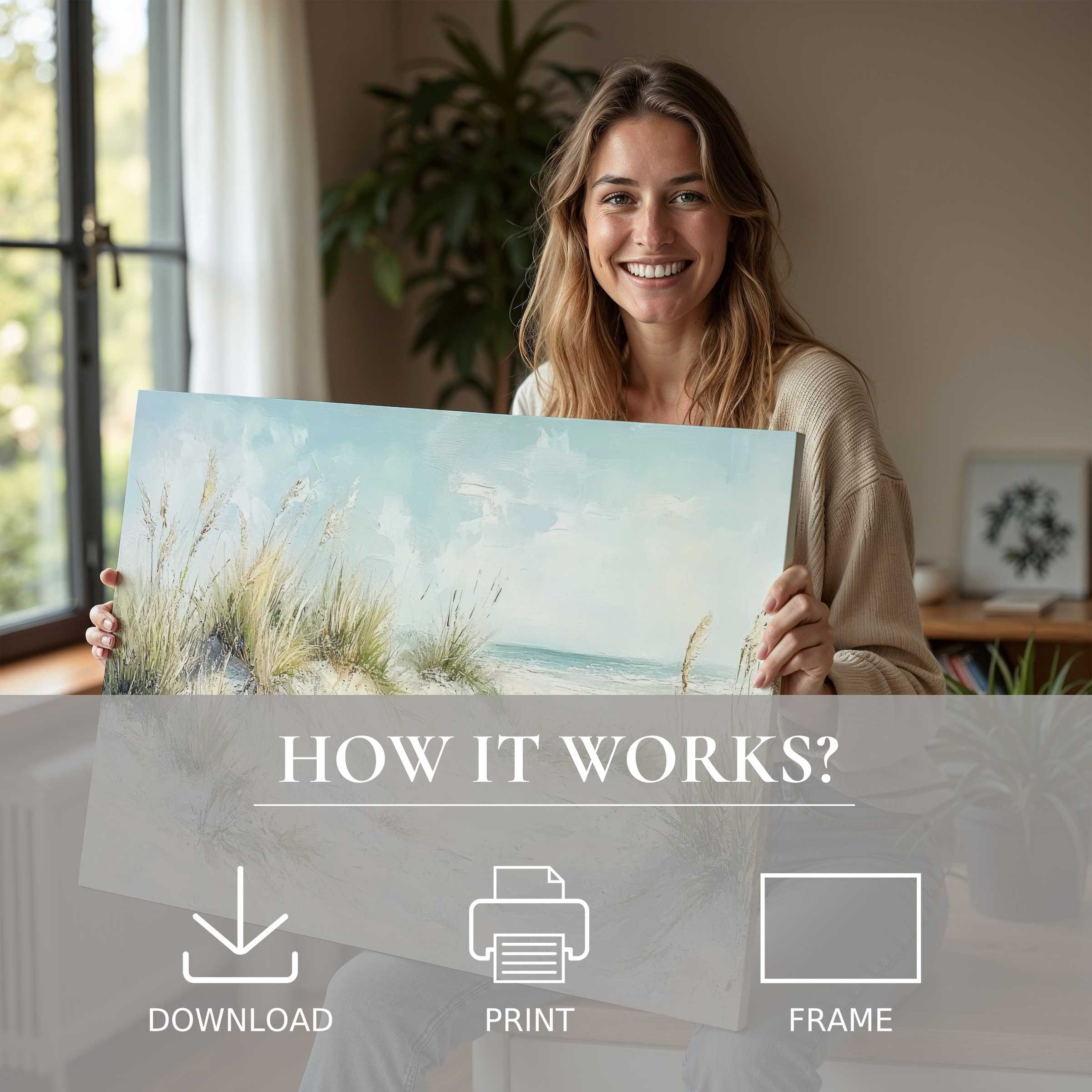 Joyful artist in a sunlit, modern home embraces a serene summer digital art print, blending nature’s calm with effortless elegance