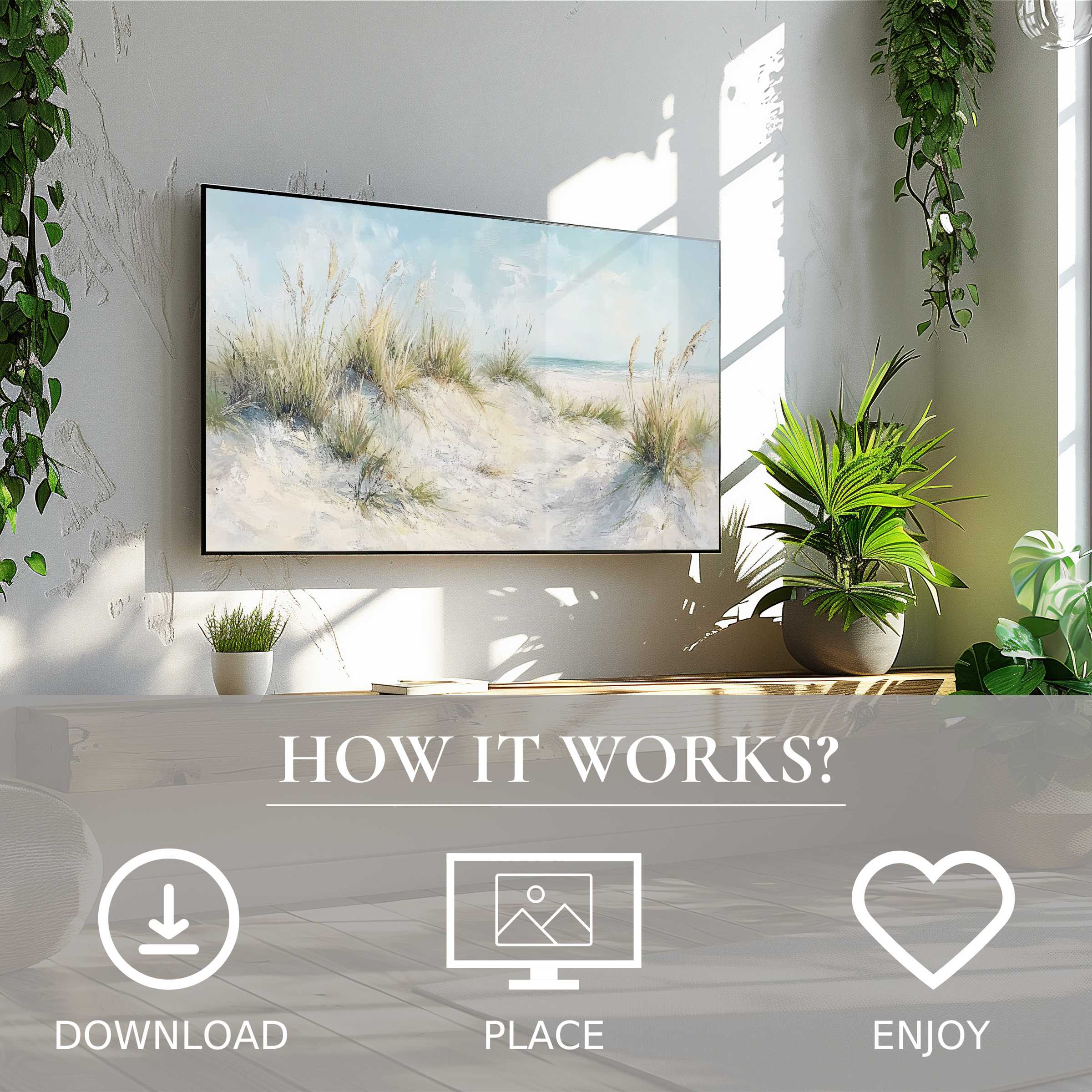 Summer art for Samsung TV showing soft sunset tones with sand dunes, easy digital download enriches your modern living space