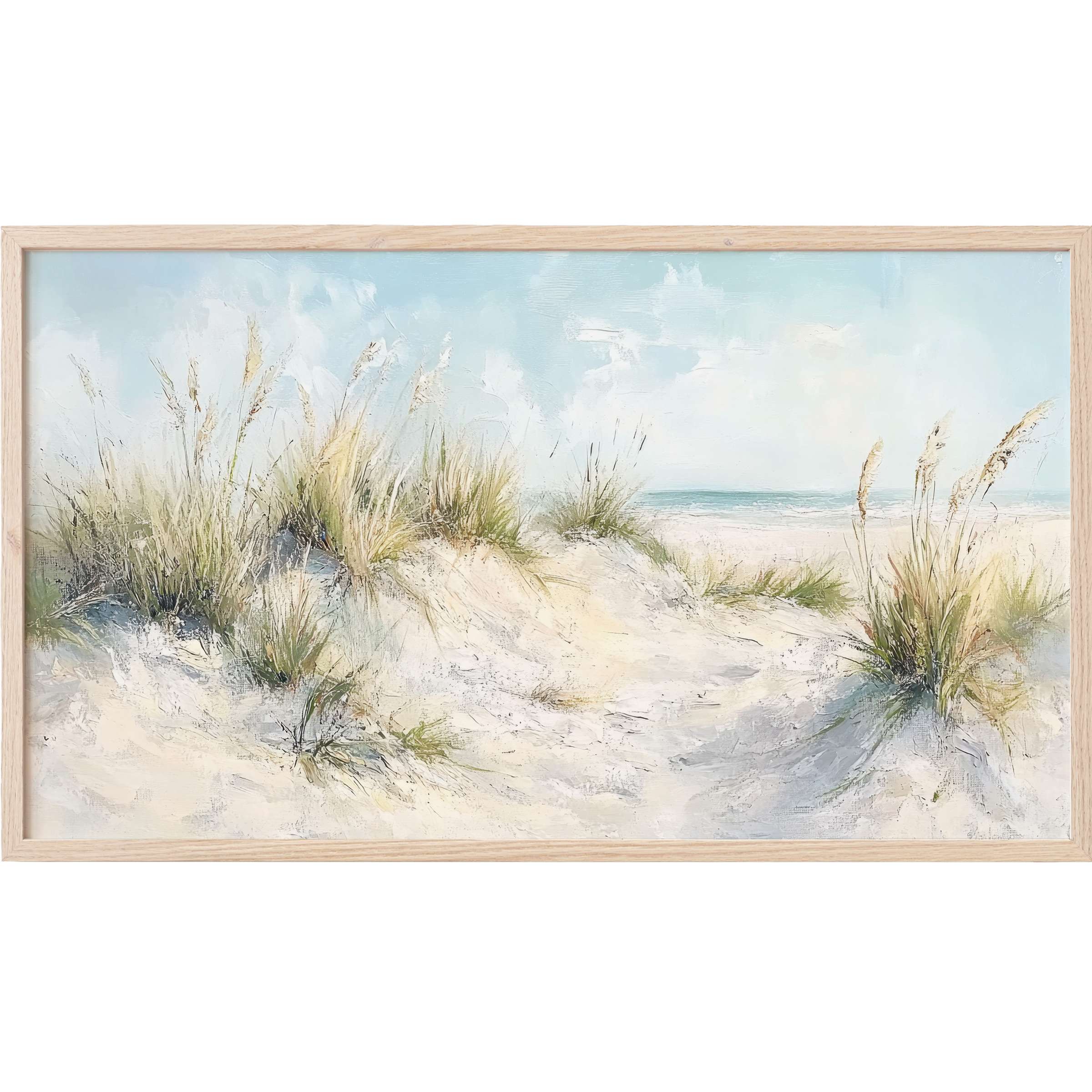 Soft pastel beach dunes with wispy grasses under a serene sky, elegant summer Frame TV Art for modern decor