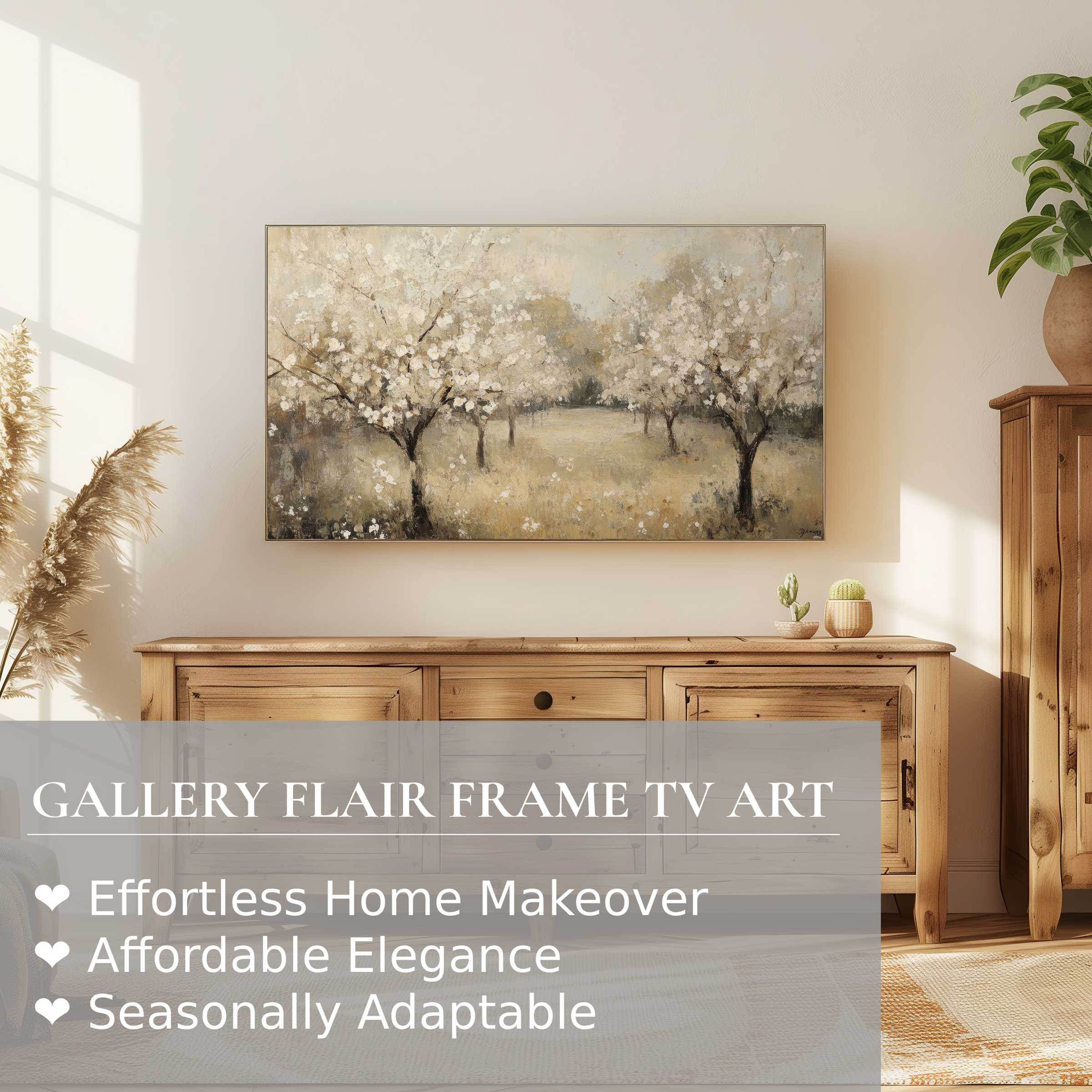 Samsung Frame TV displaying vintage digital artwork of muted floral trees in a serene, elegant living room setting