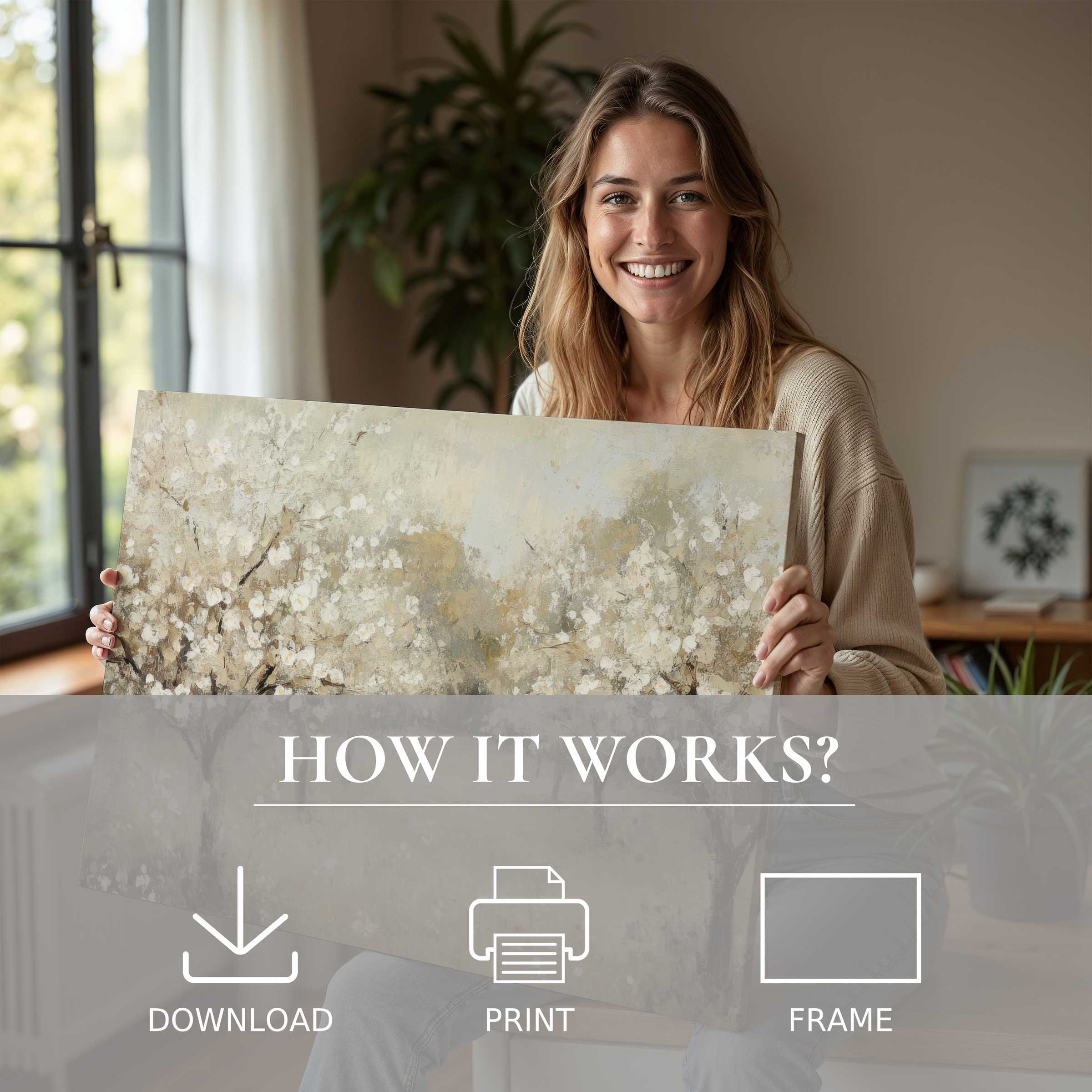 Woman in a serene modern home, joyfully embracing a vintage digital art print that enriches everyday living