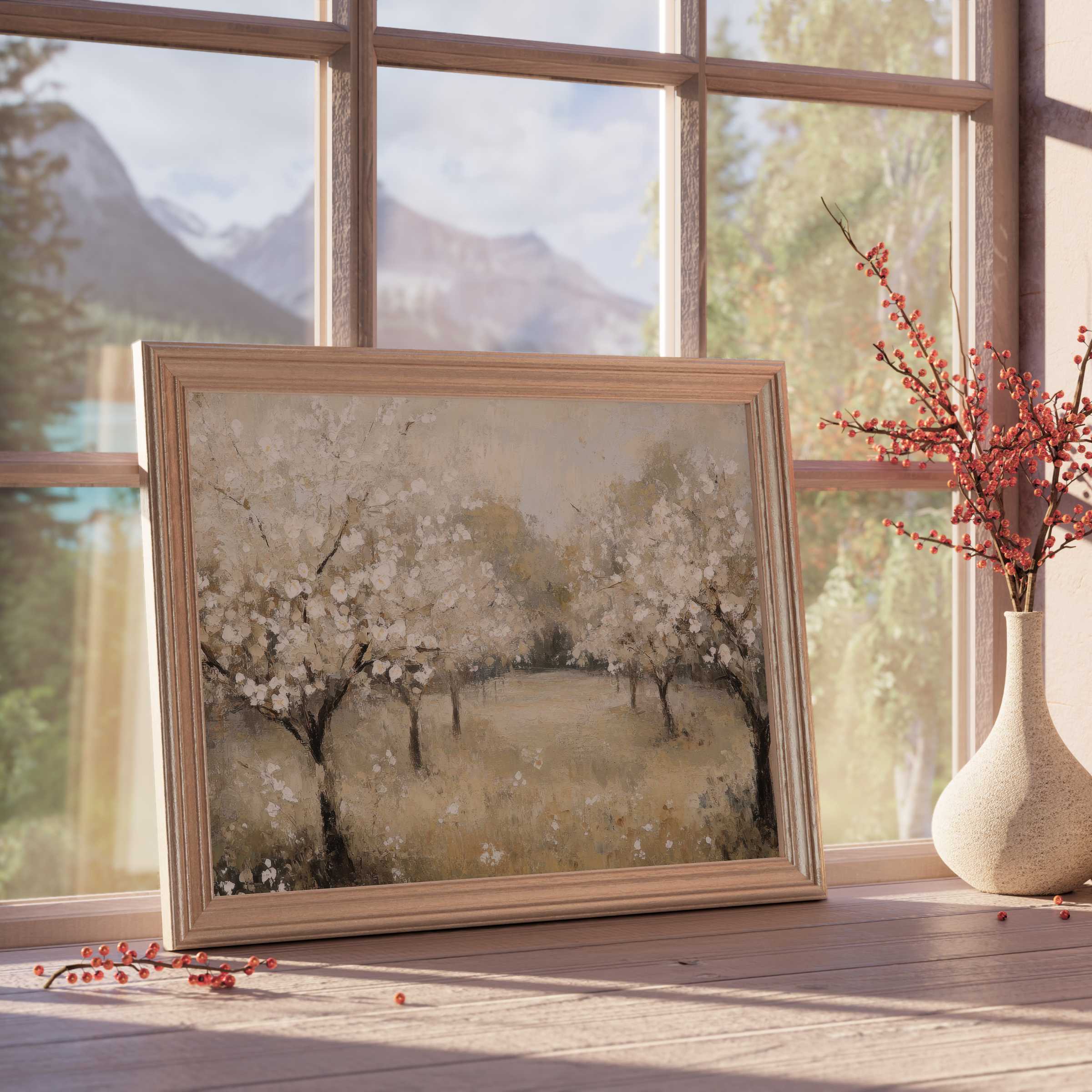 Vintage downloadable art of serene blossoming orchard in muted earth tones, enhancing calm, curated spaces with timeless rustic elegance