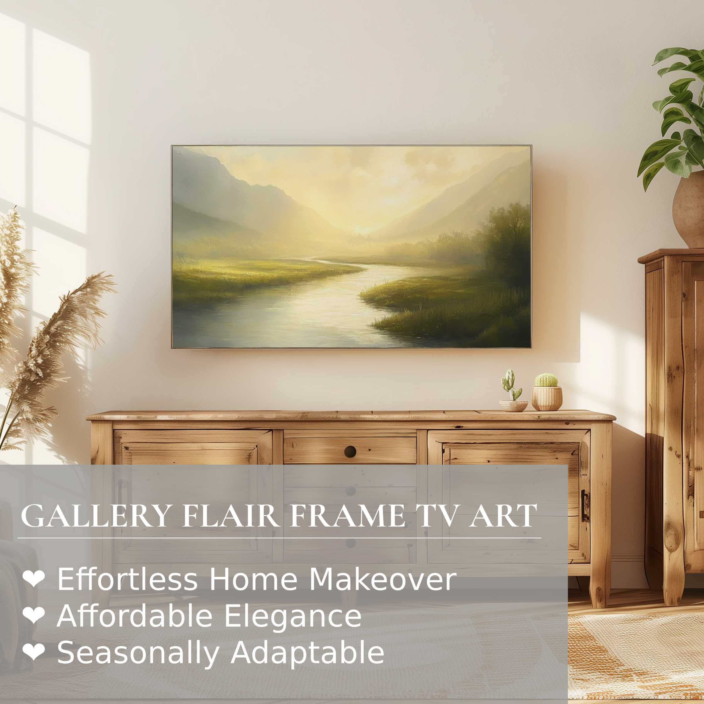 Samsung Frame TV features serene landscape digital artwork in soft light, enhancing refined, modern home decor settings
