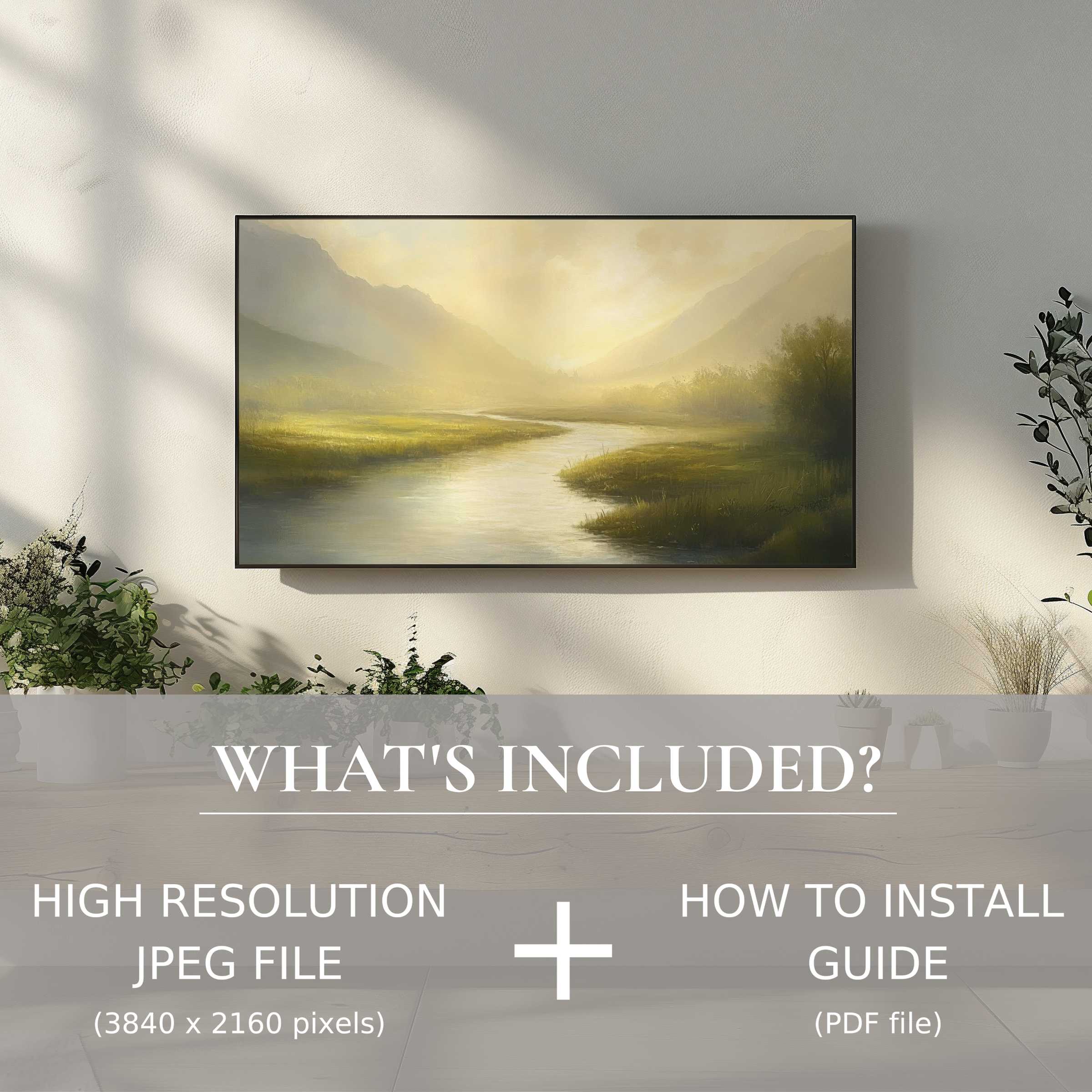 Elegant landscape digital TV art download for effortless decor upgrade, enhancing any living space with serene beauty