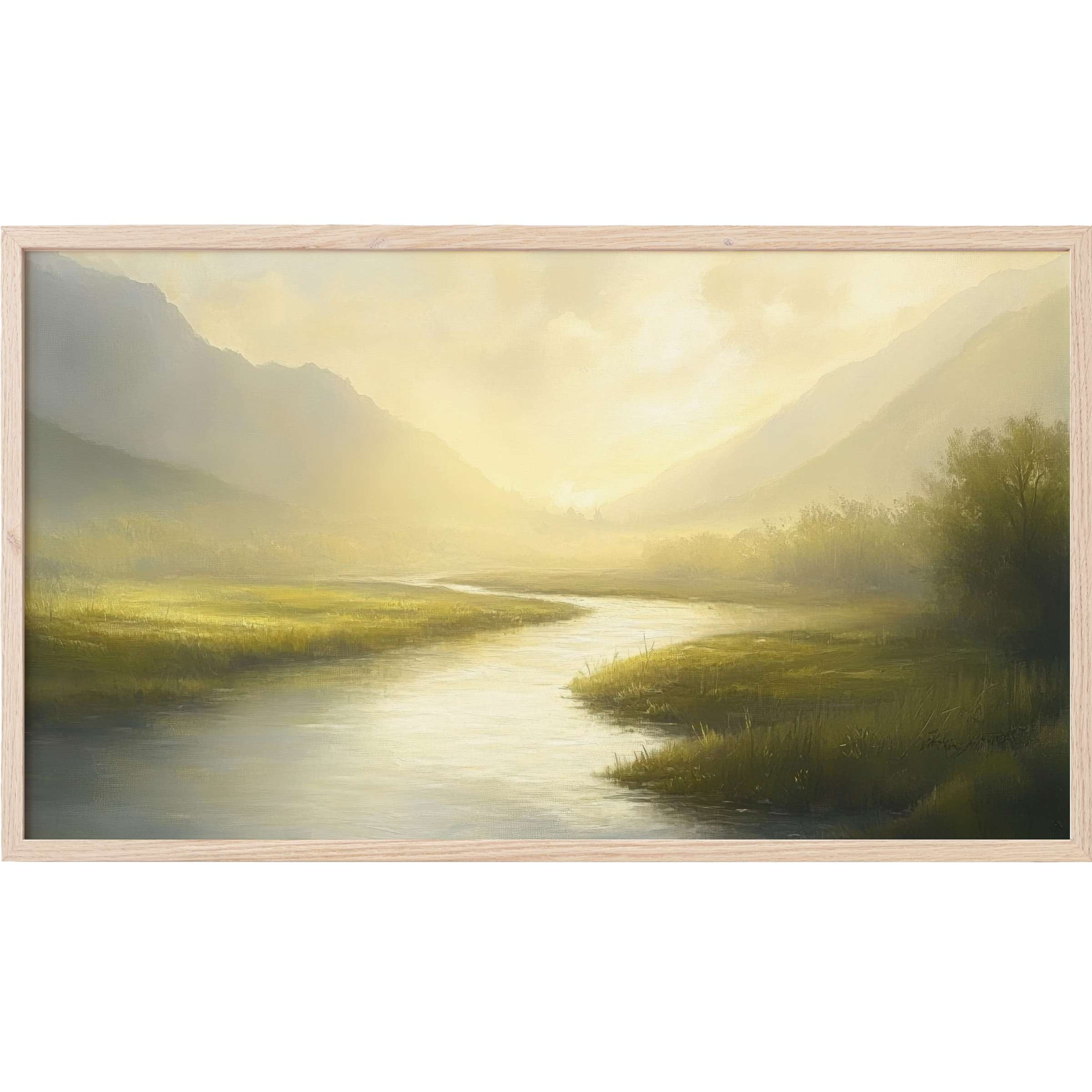 Serene river winding through misty valleys in soft greens and golds, a refined landscape Frame TV Art