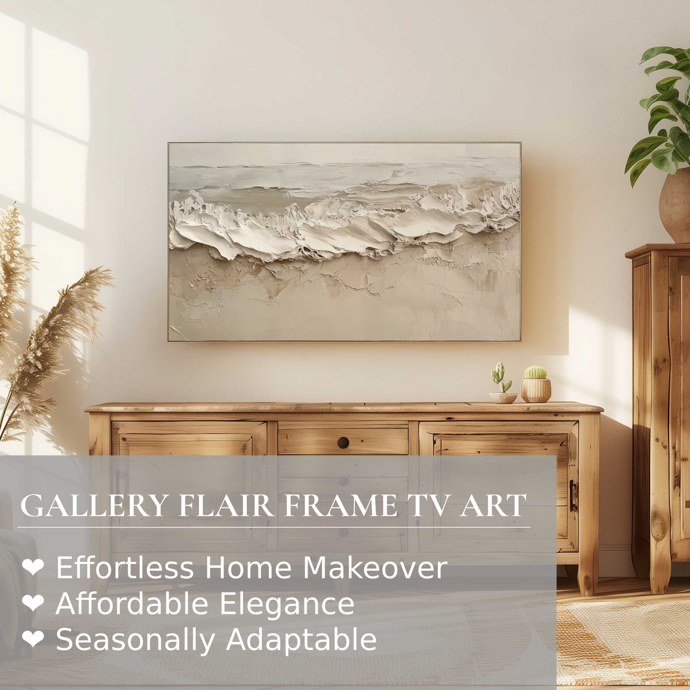Samsung Frame TV showcasing coastal digital artwork in a modern, sunlit room with natural wood accents