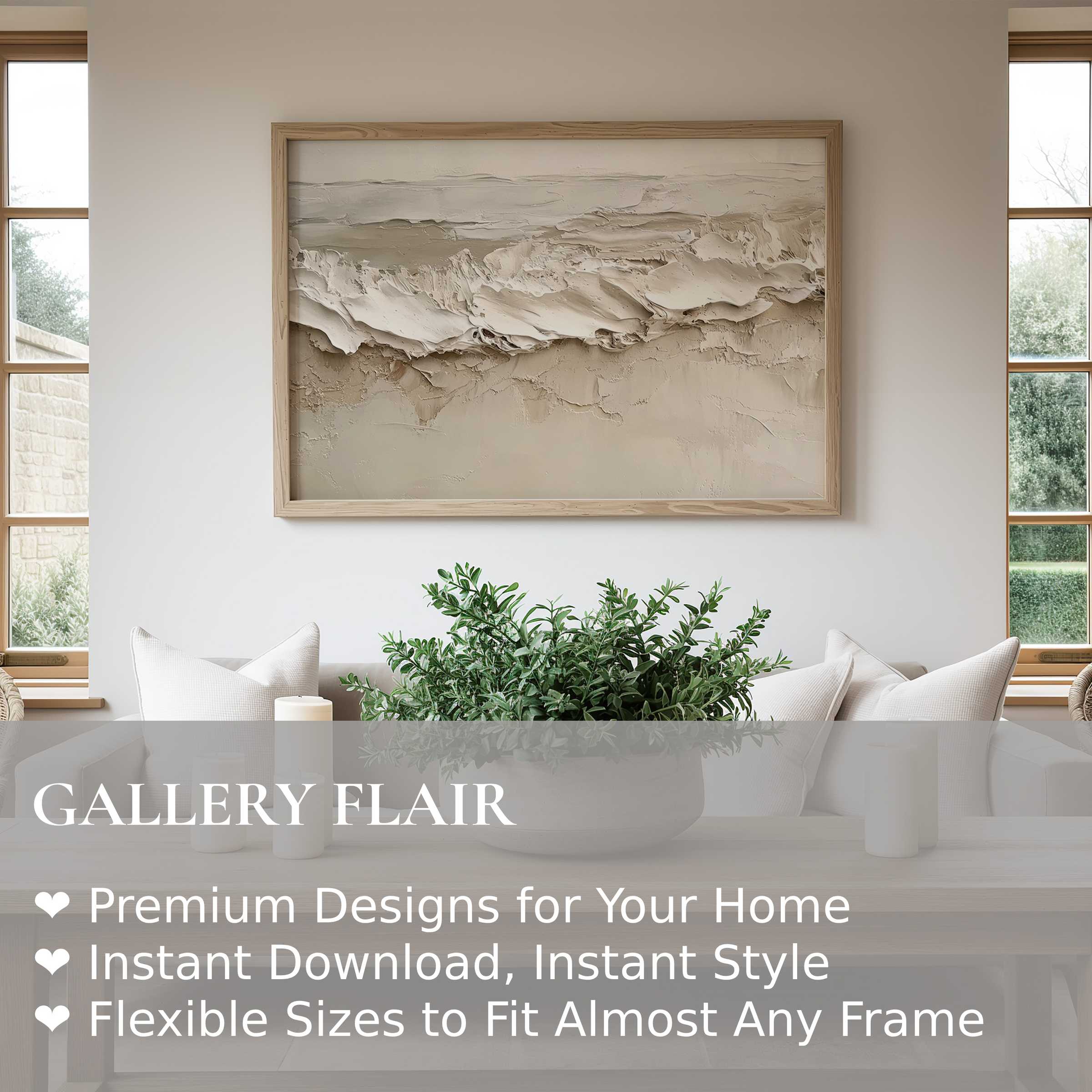 Coastal wall art print featuring textured, serene beige waves; elevates modern minimalist interiors with soft, natural elegance