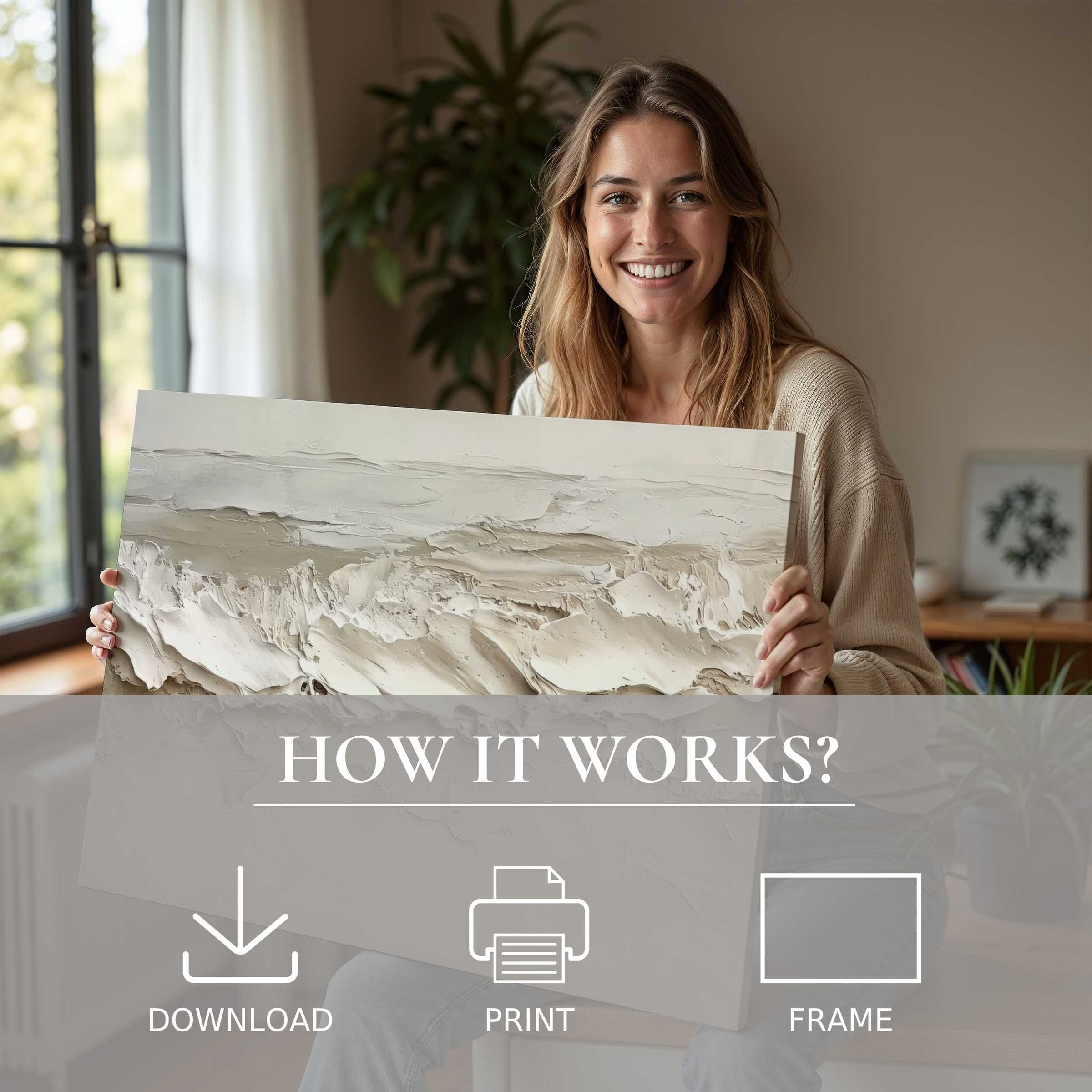 Bright moment of connection with a coastal digital art print, elevating modern living with effortless elegance and joy