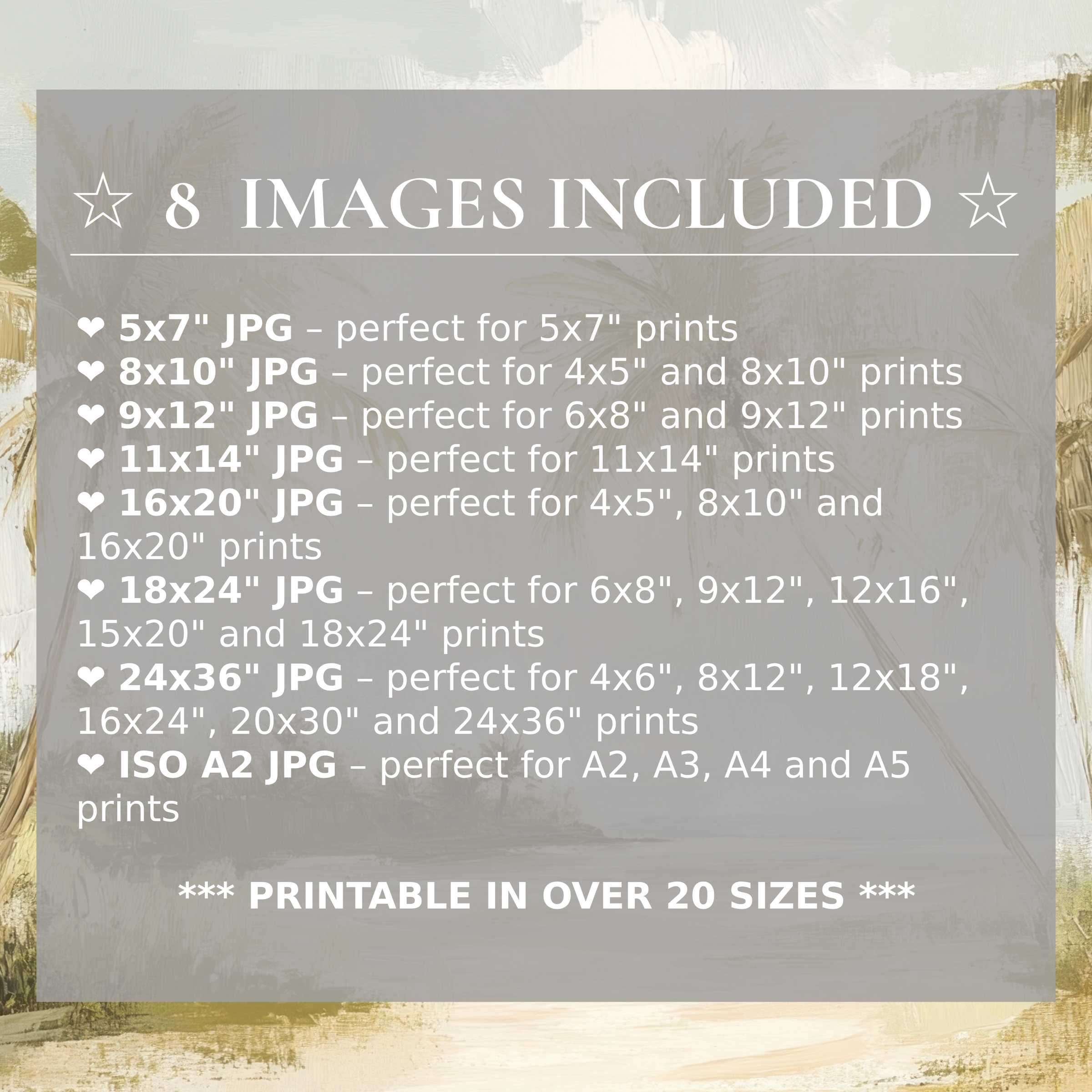 Print size guide showing 8 included JPG formats for versatile wall art printing – perfect for framing in popular sizes from 5x7 to 24x36 and A2