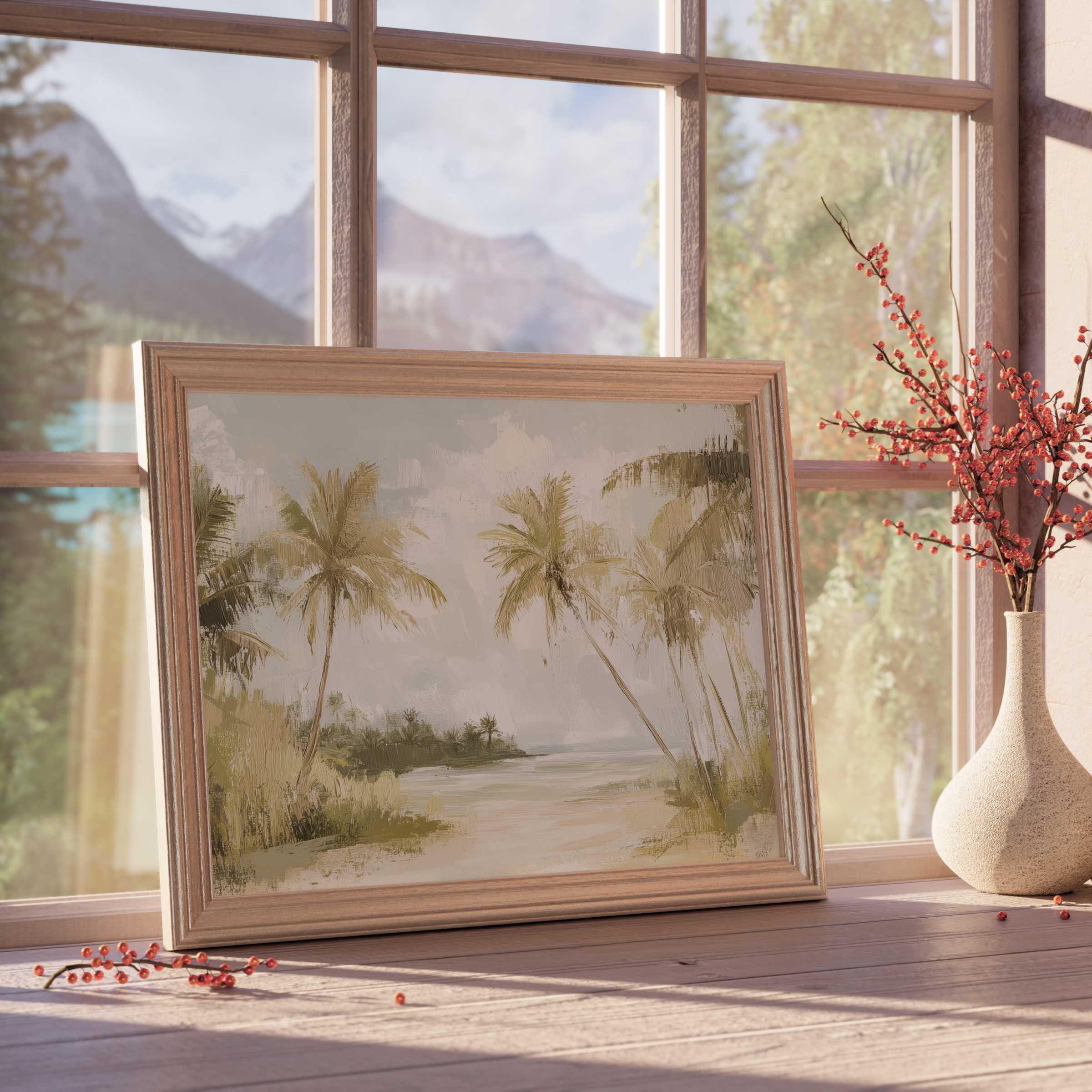 Serene tree downloadable art with muted palm shades, elevating tranquil, design-forward interiors with a soft coastal allure