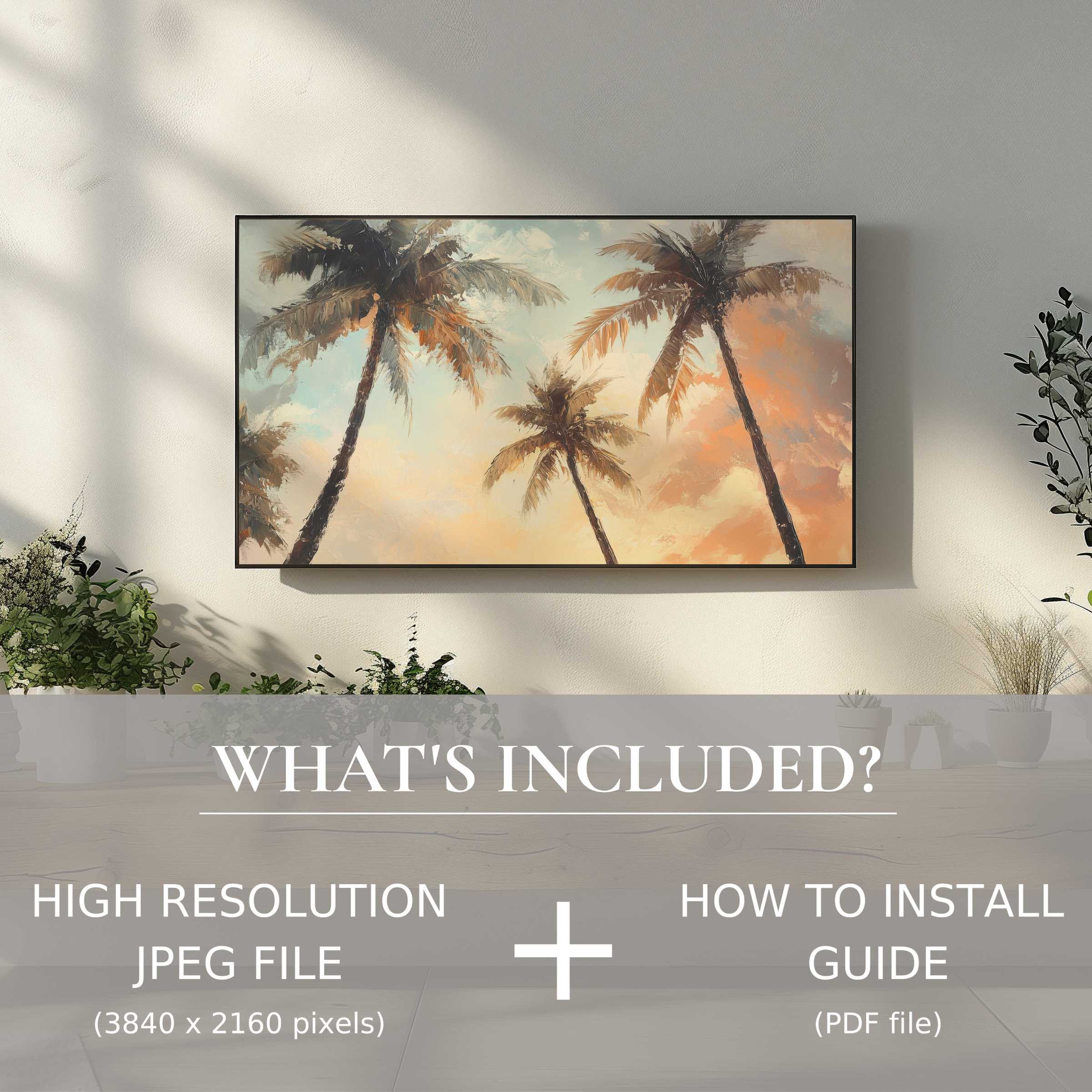 Elegant living room with beach digital TV art download, easy digital use, enhancing space with serene palm design