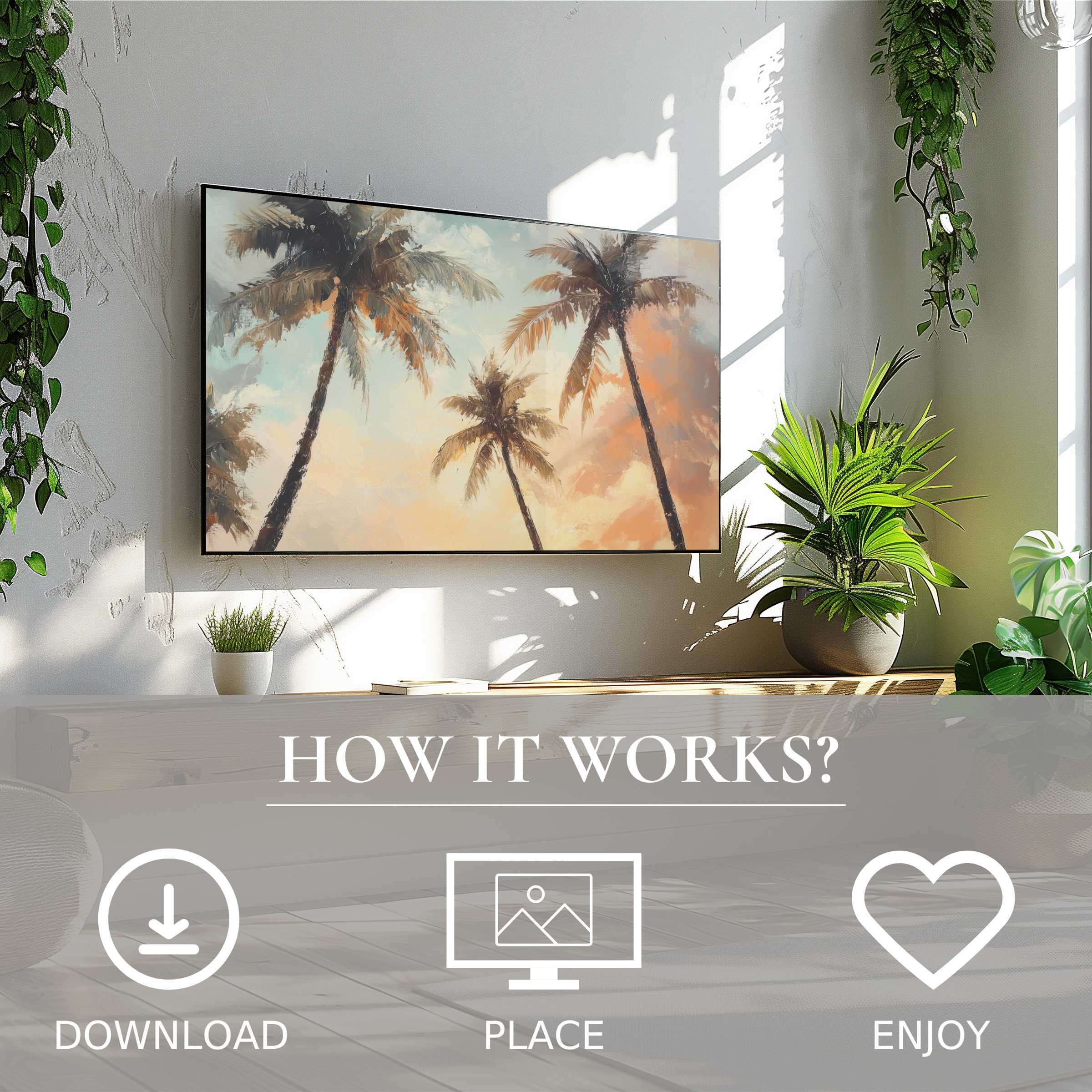 Modern living room with lush plants and beach art for Samsung TV, featuring soft sunset tones, easy digital download