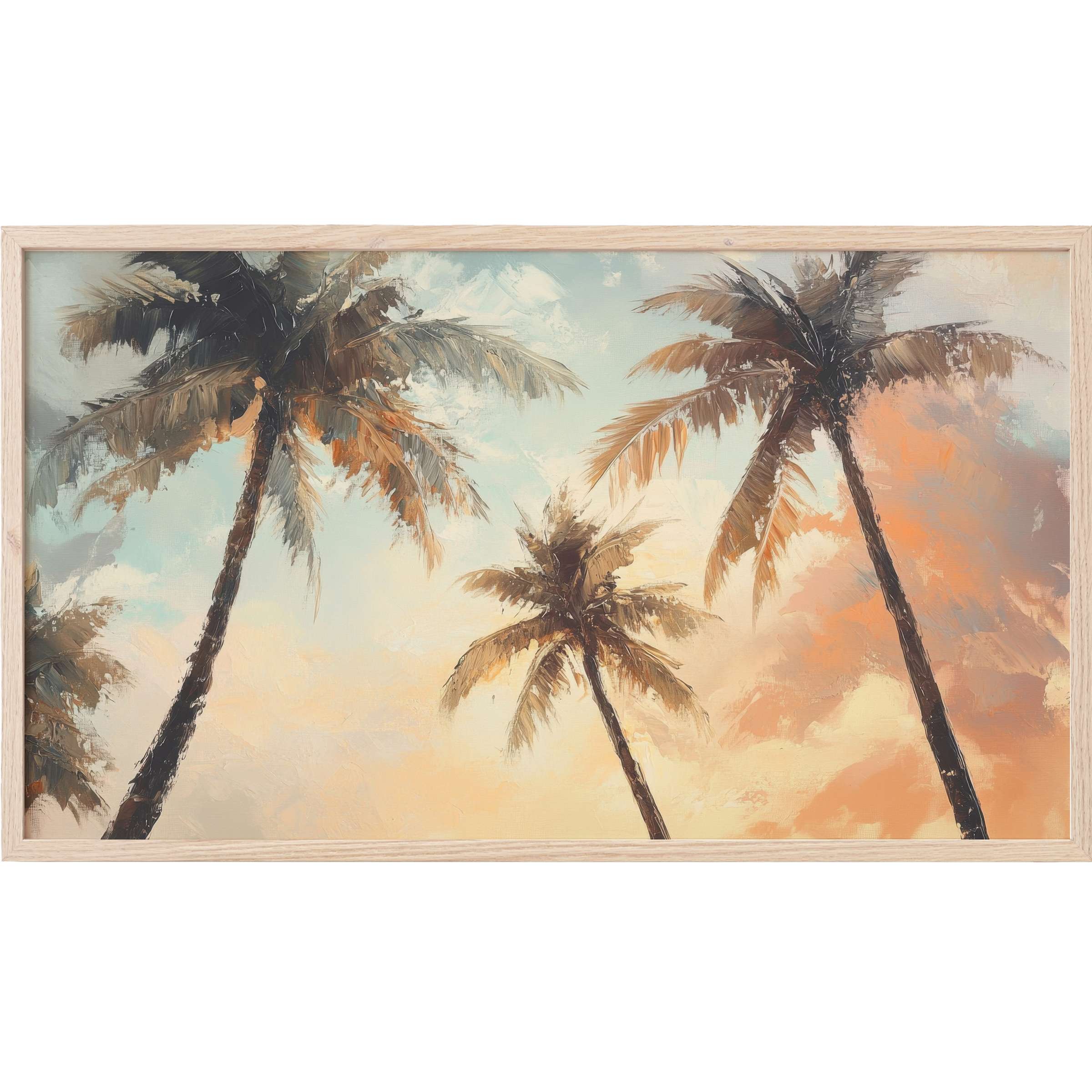 Elegant beach Frame TV Art with textured palm trees against a soft pastel sky of blues, oranges, and creams