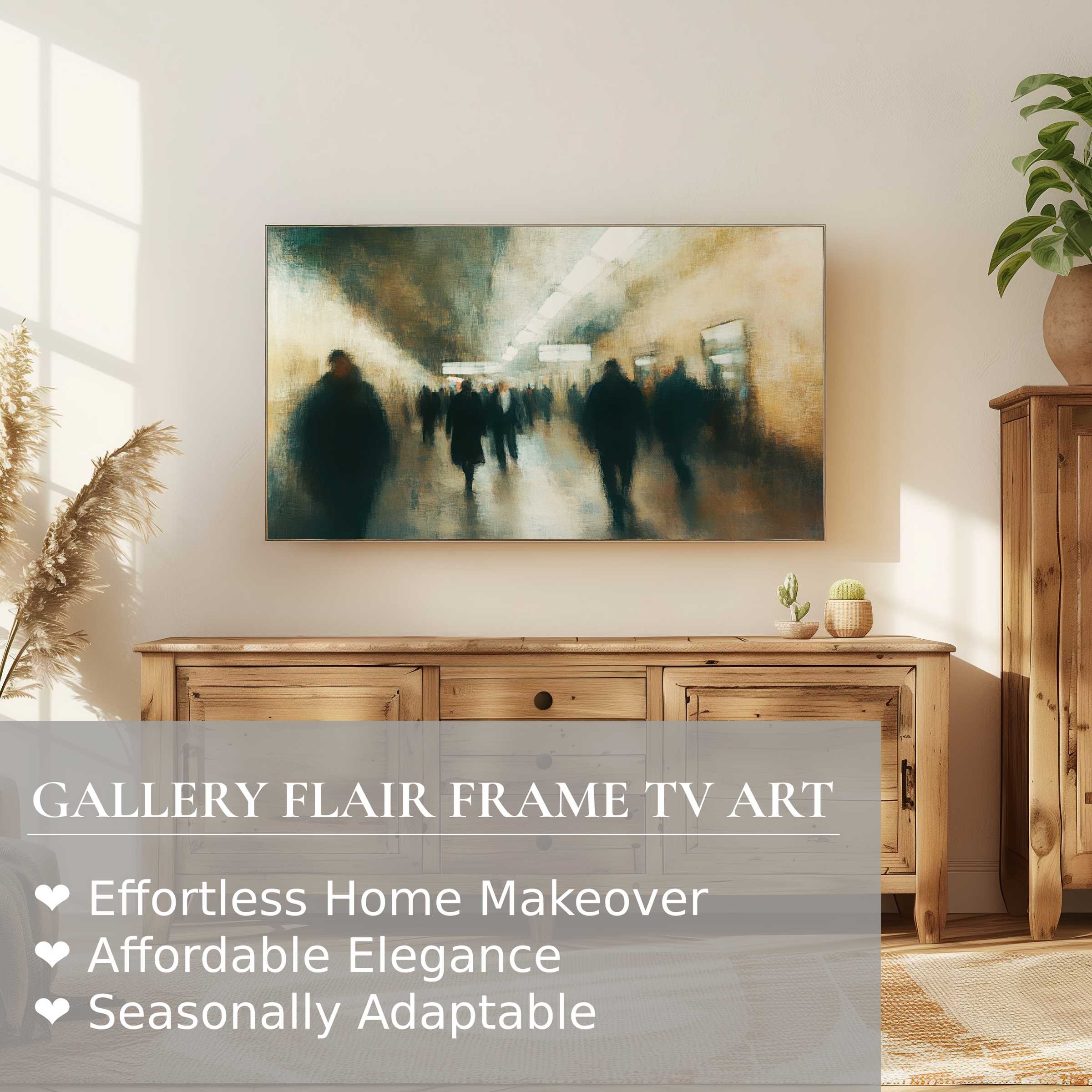 Samsung Frame TV displaying urban digital artwork with soft, blurred figures in a modern, cozy living space