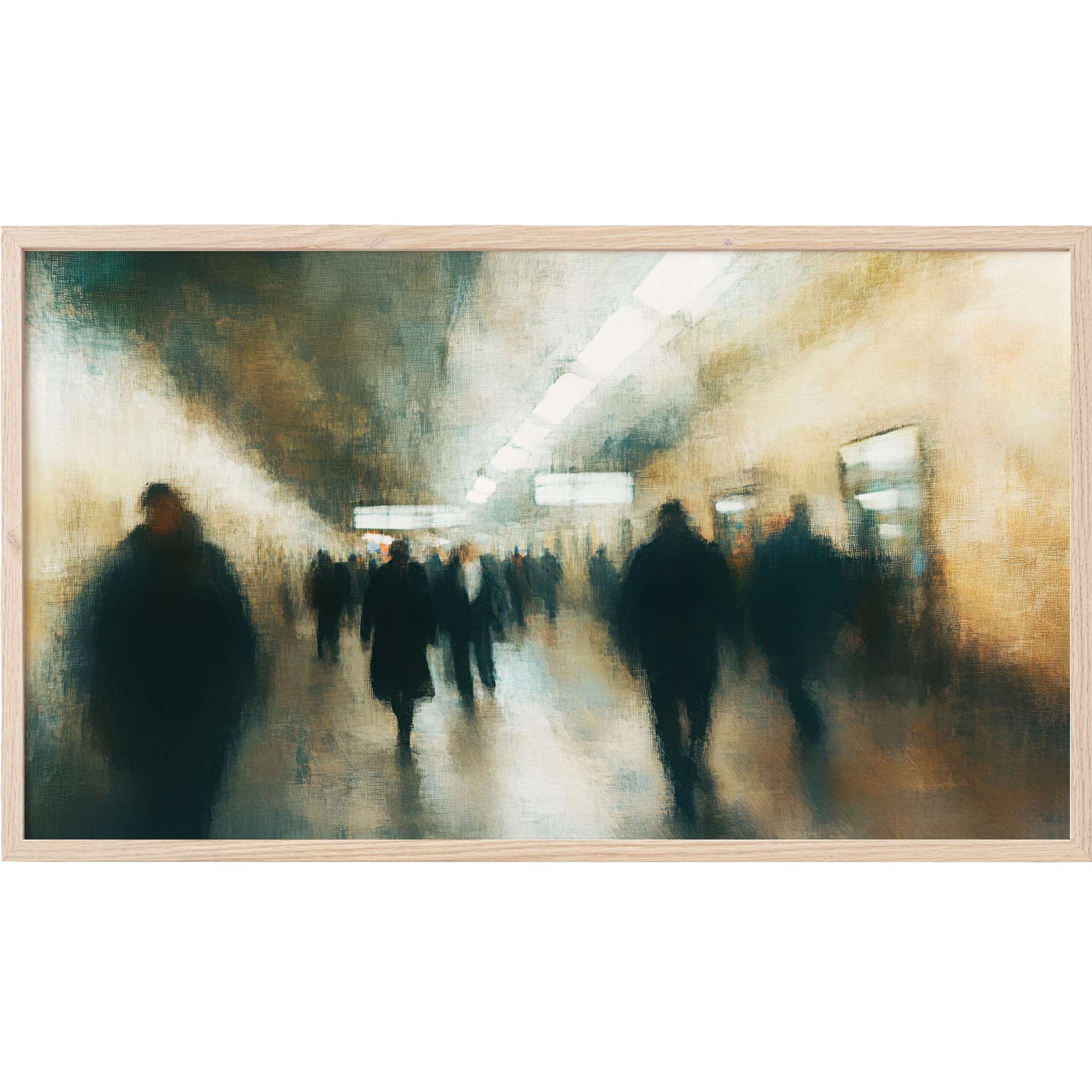 Dreamy urban scene in muted blues and warm ochres with blurred silhouettes, an elegant urban Frame TV Art