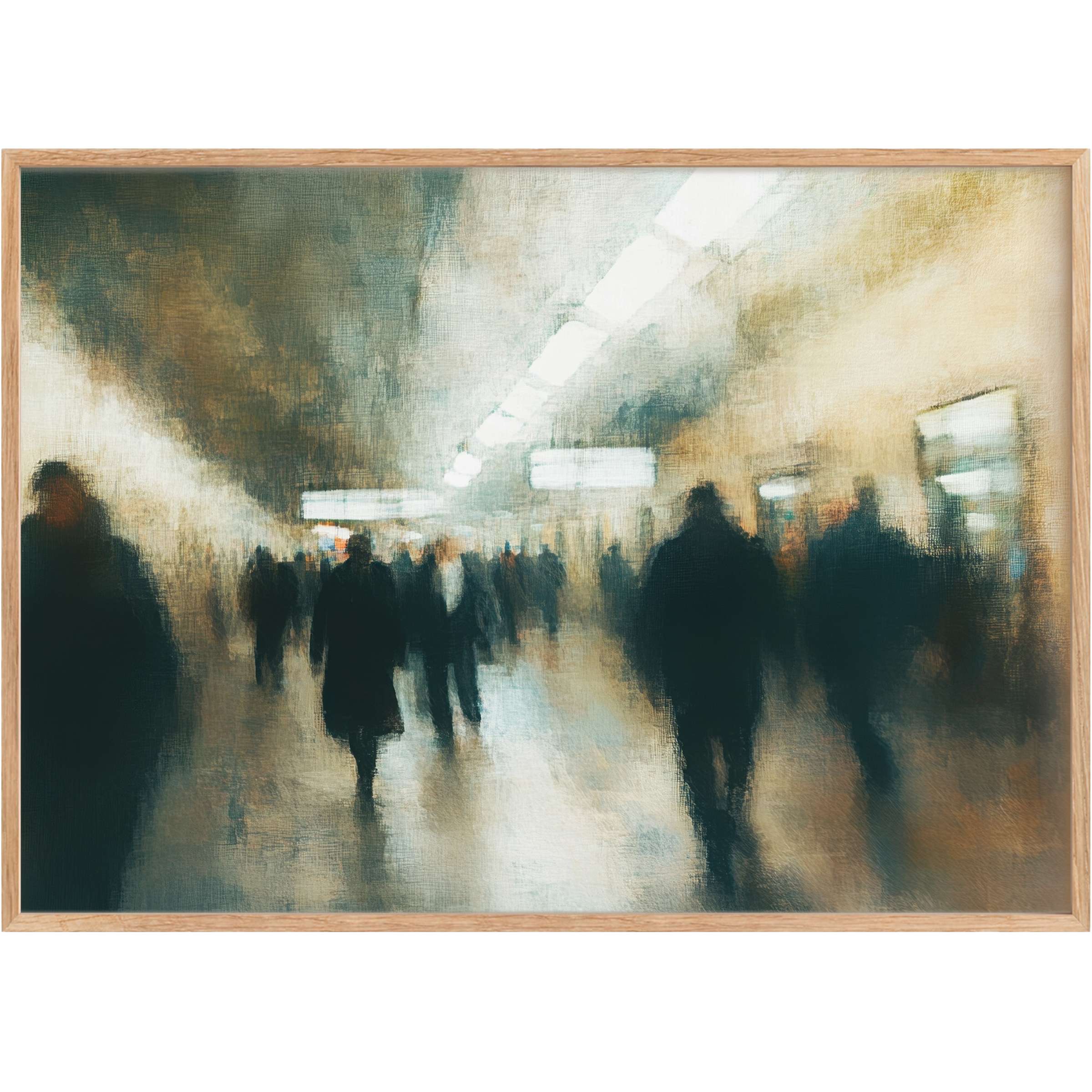 Moody urban printable wall art capturing blurred city commuters in soft grays and warm ambers, evoking introspective calm