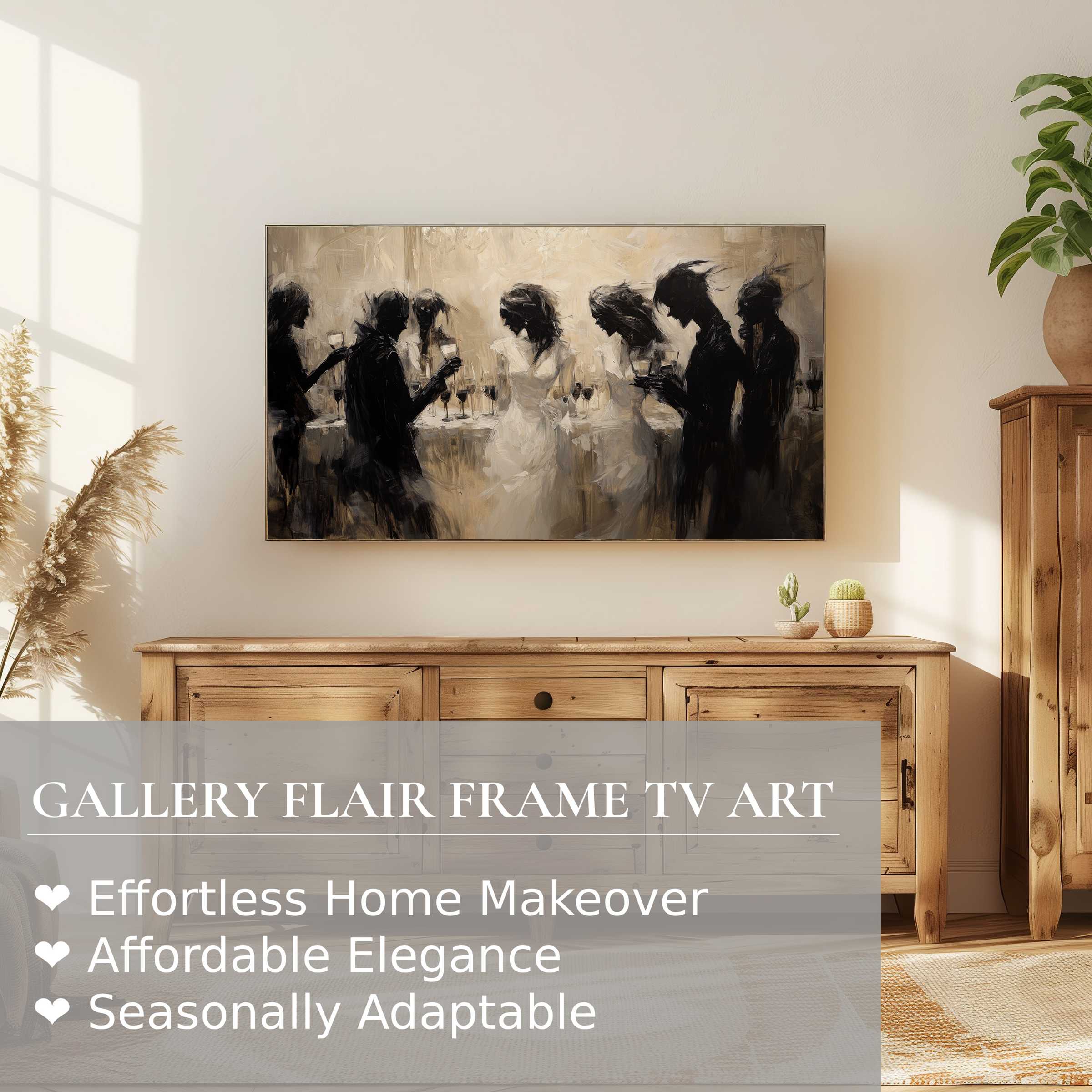 Samsung Frame TV displays elegant, abstract halloween digital artwork in a stylish, warm, minimalist living room setting