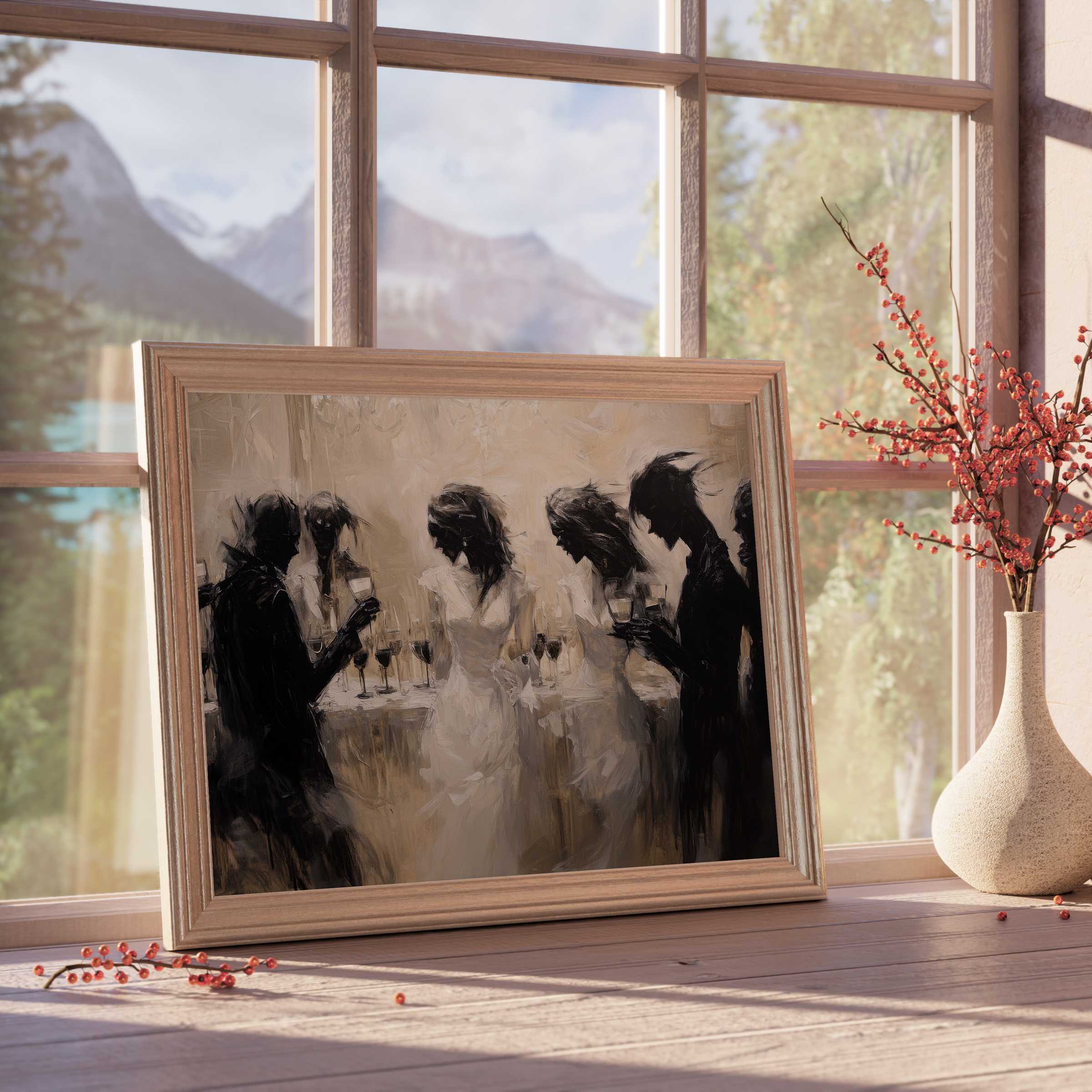 Halloween downloadable art capturing an elegant, haunting soirée - perfect for serene, curated modern interiors with seasonal charm