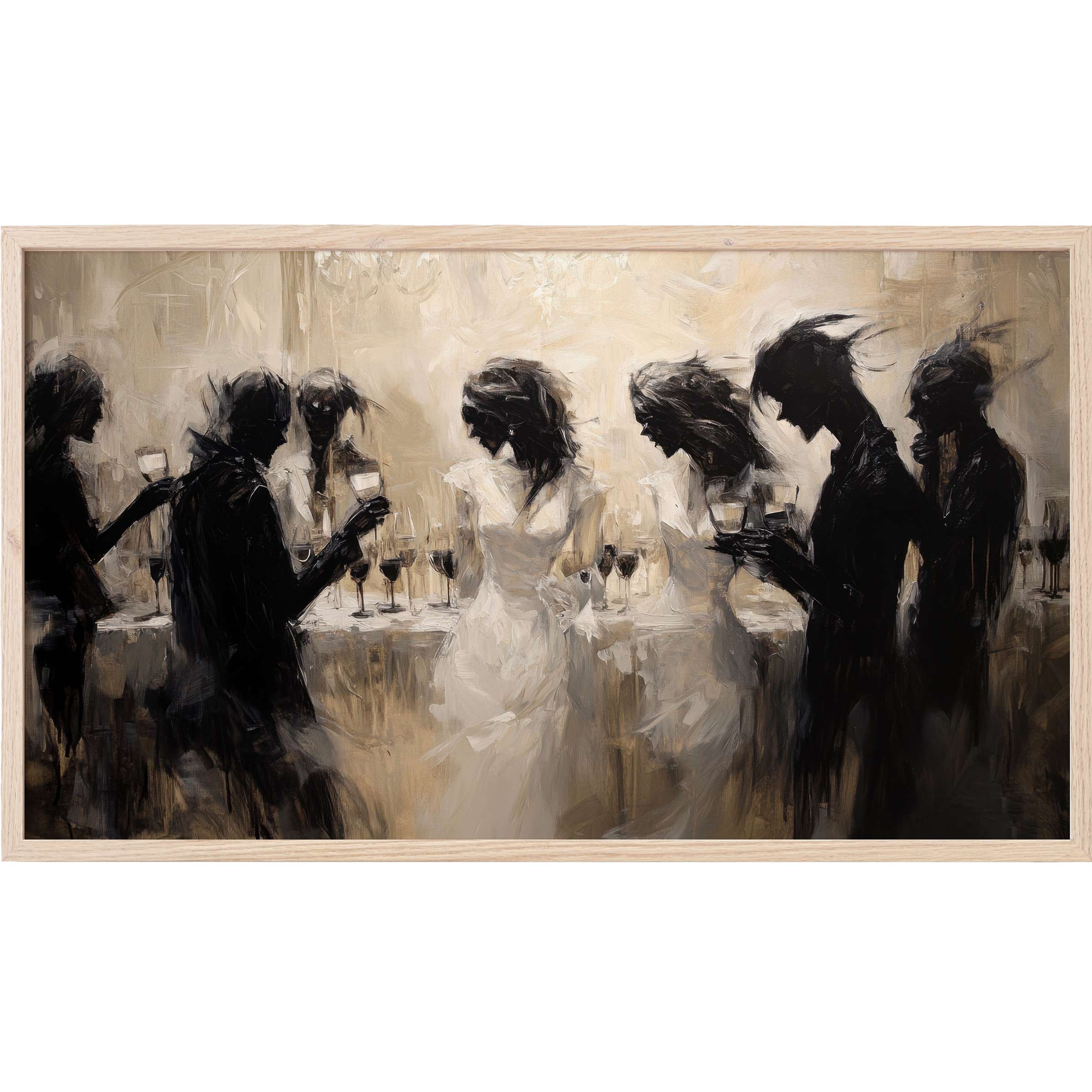 Elegant black and white silhouettes toast amid muted beige tones in this hauntingly modern halloween Frame TV Art