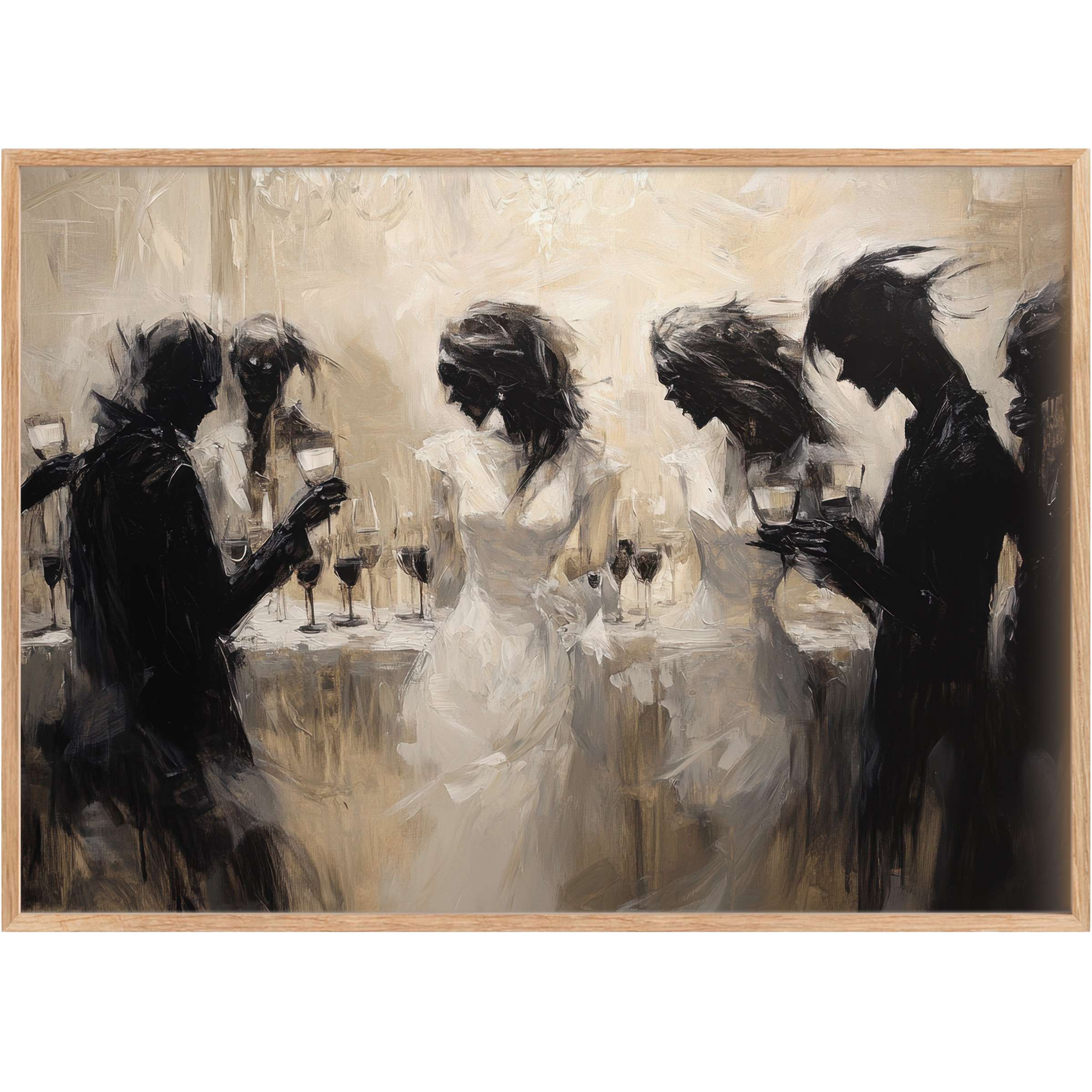 Ethereal halloween printable wall art blending shadowy figures and soft ivory tones, evoking a mysterious, elegant soirée ambiance