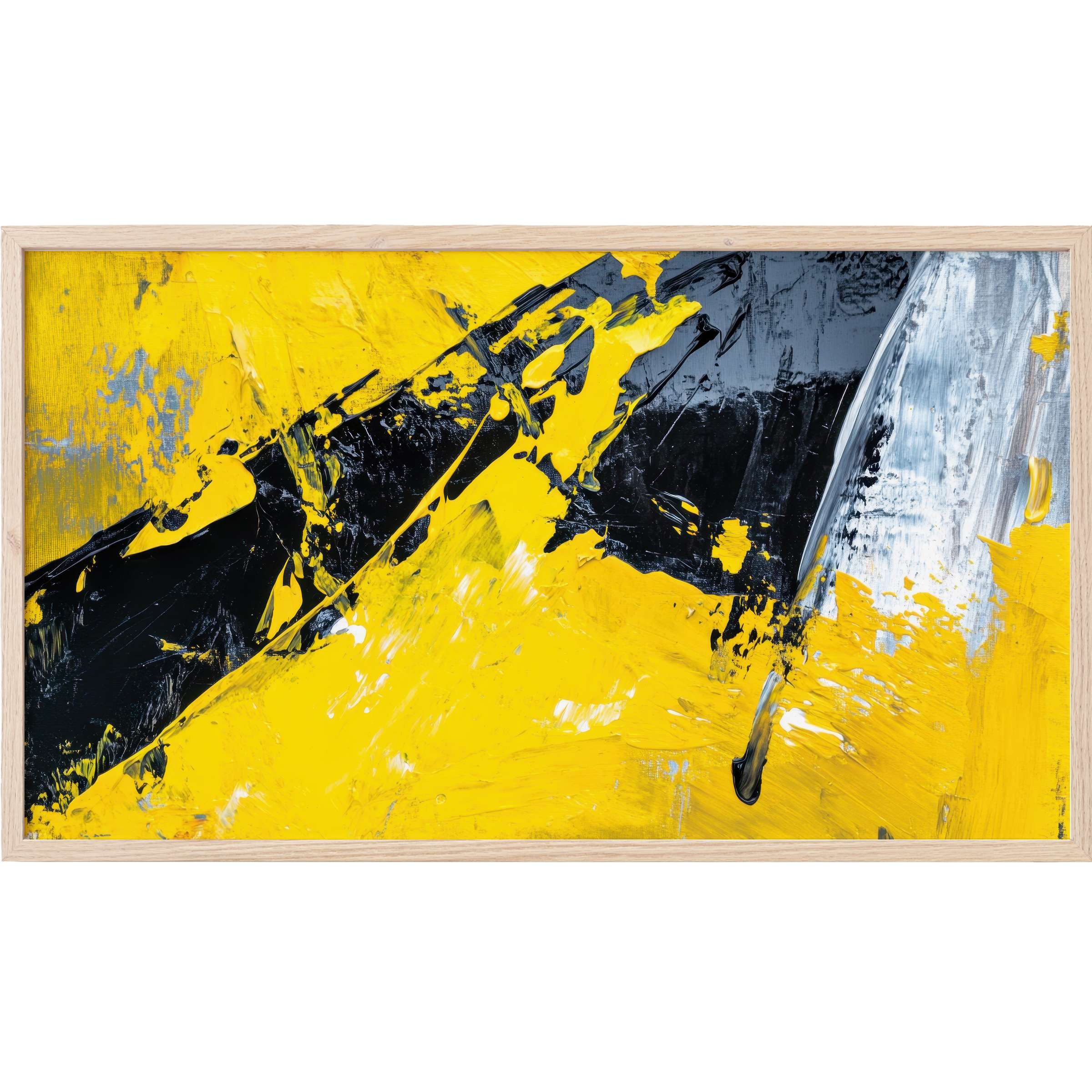 Vivid yellow, black, and silver brushstrokes form a dynamic composition in this abstract Frame TV Art piece