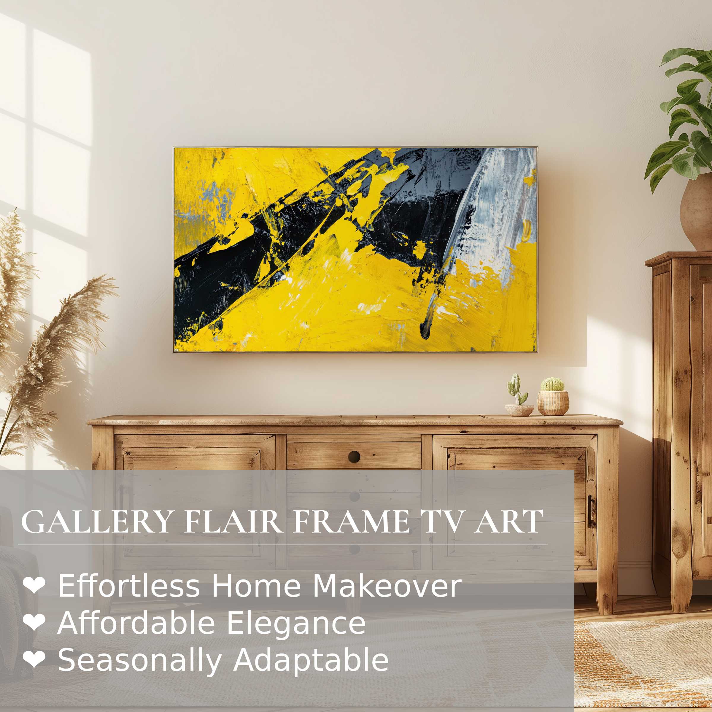 Samsung Frame TV displays vibrant abstract digital artwork in a sunlit, modern living space with natural wood tones
