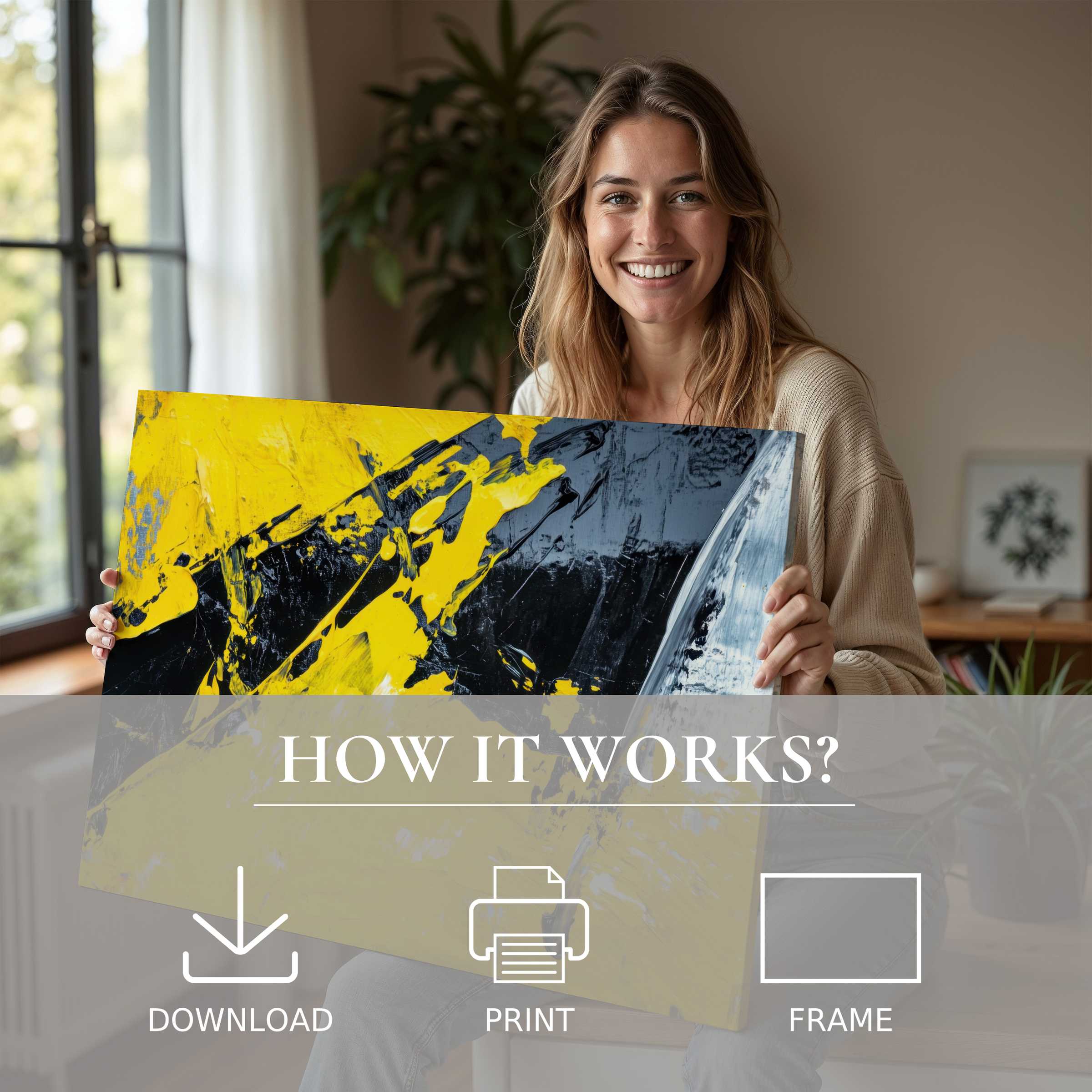 A joyful moment unveiling an abstract digital art print in vibrant yellow and deep black, embodying effortless style and serene living