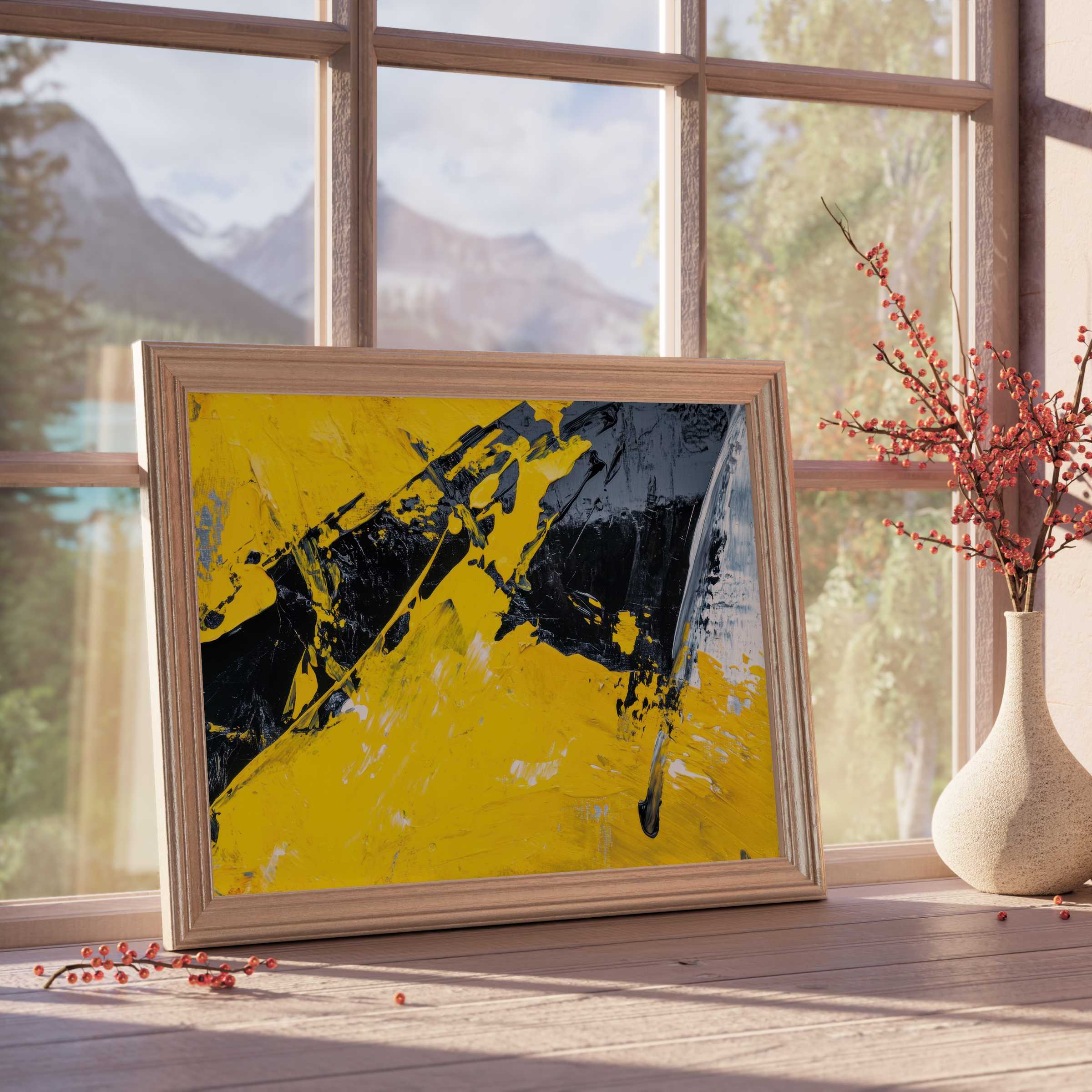 Bold yellow and black abstract downloadable art radiates vibrant energy, elevating curated, tranquil interiors with dynamic modern elegance