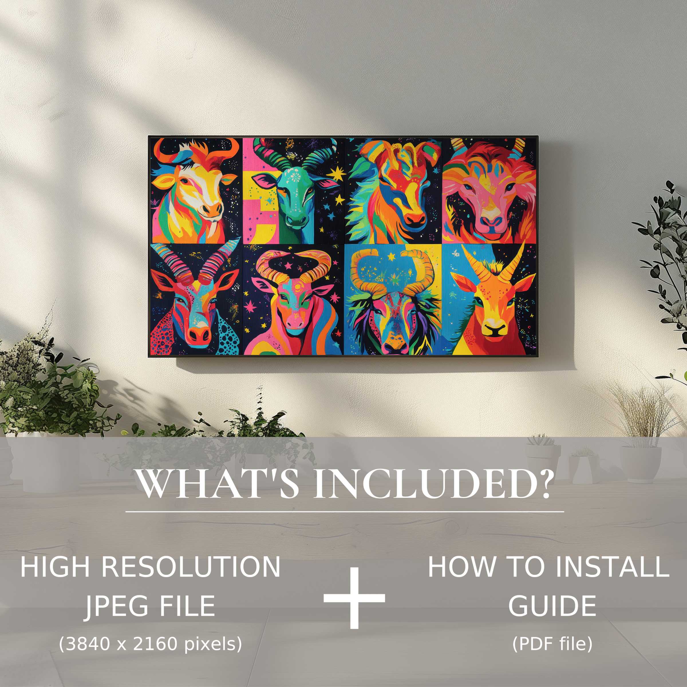 Vibrant pop art digital TV art download enriches modern living spaces with effortless digital elegance and style