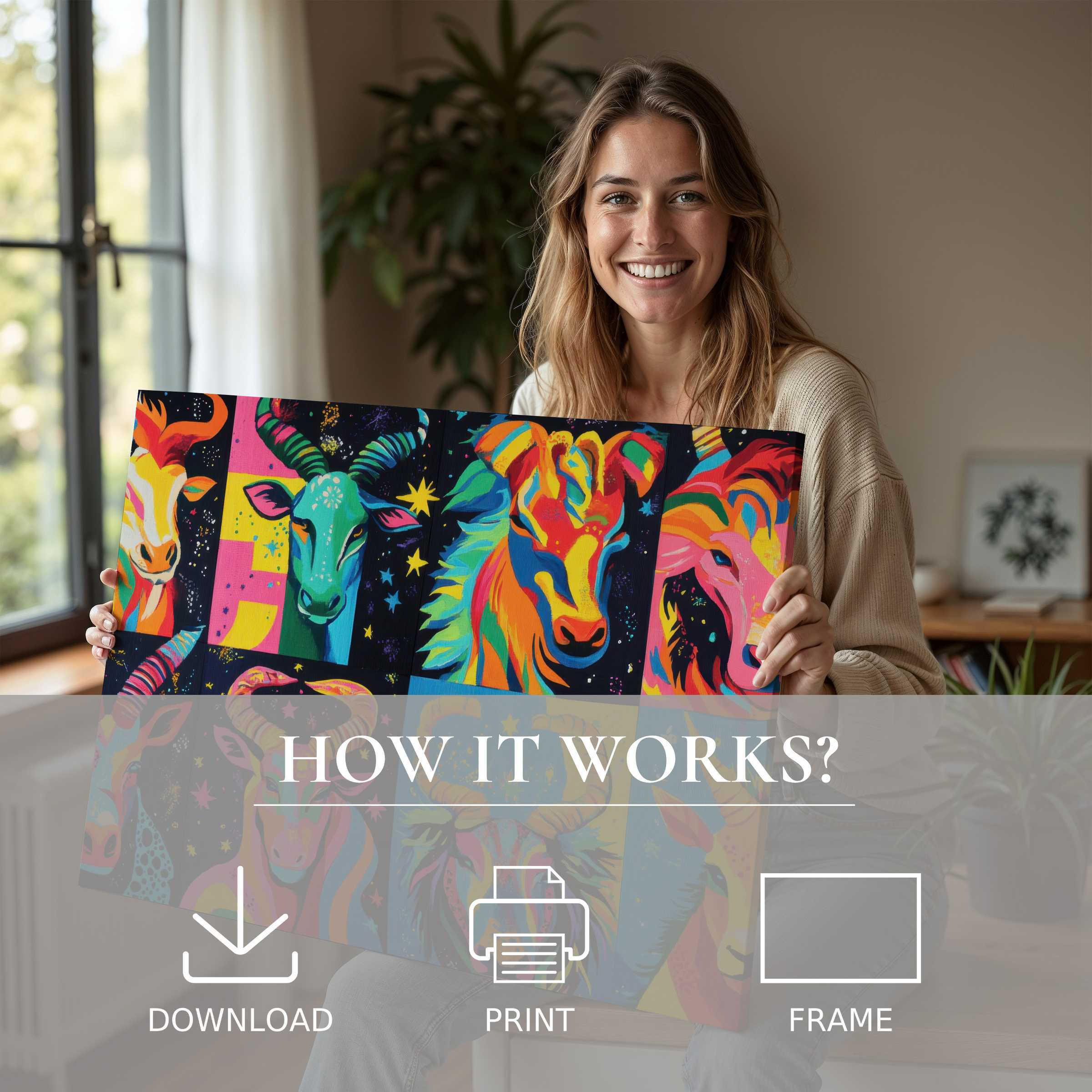 A serene moment of joyous connection with vibrant pop art digital art print, enhancing a modern home's elegant ambiance