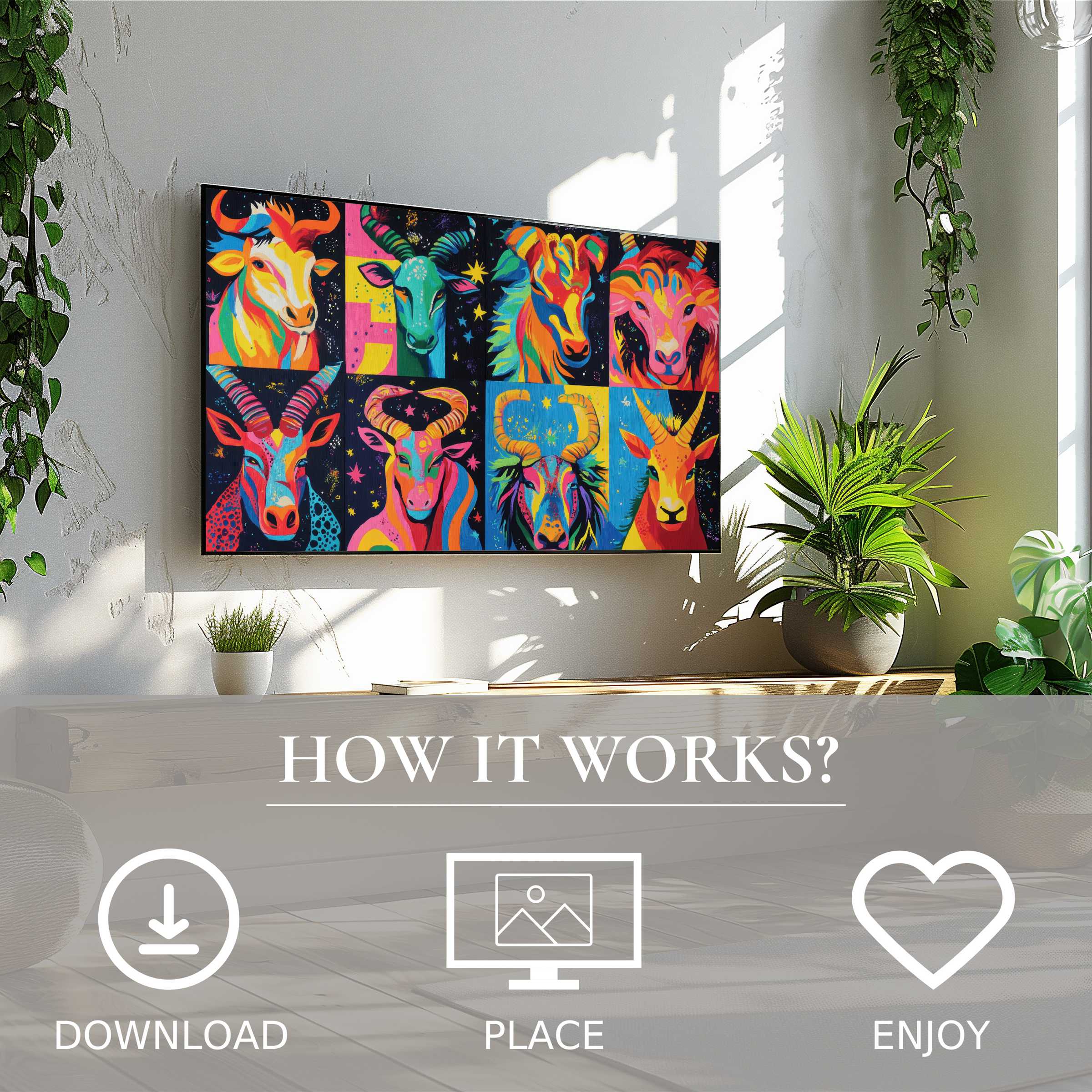 Modern living room with pop art art for Samsung TV, featuring vibrant animal portraits; easy digital download enriches space
